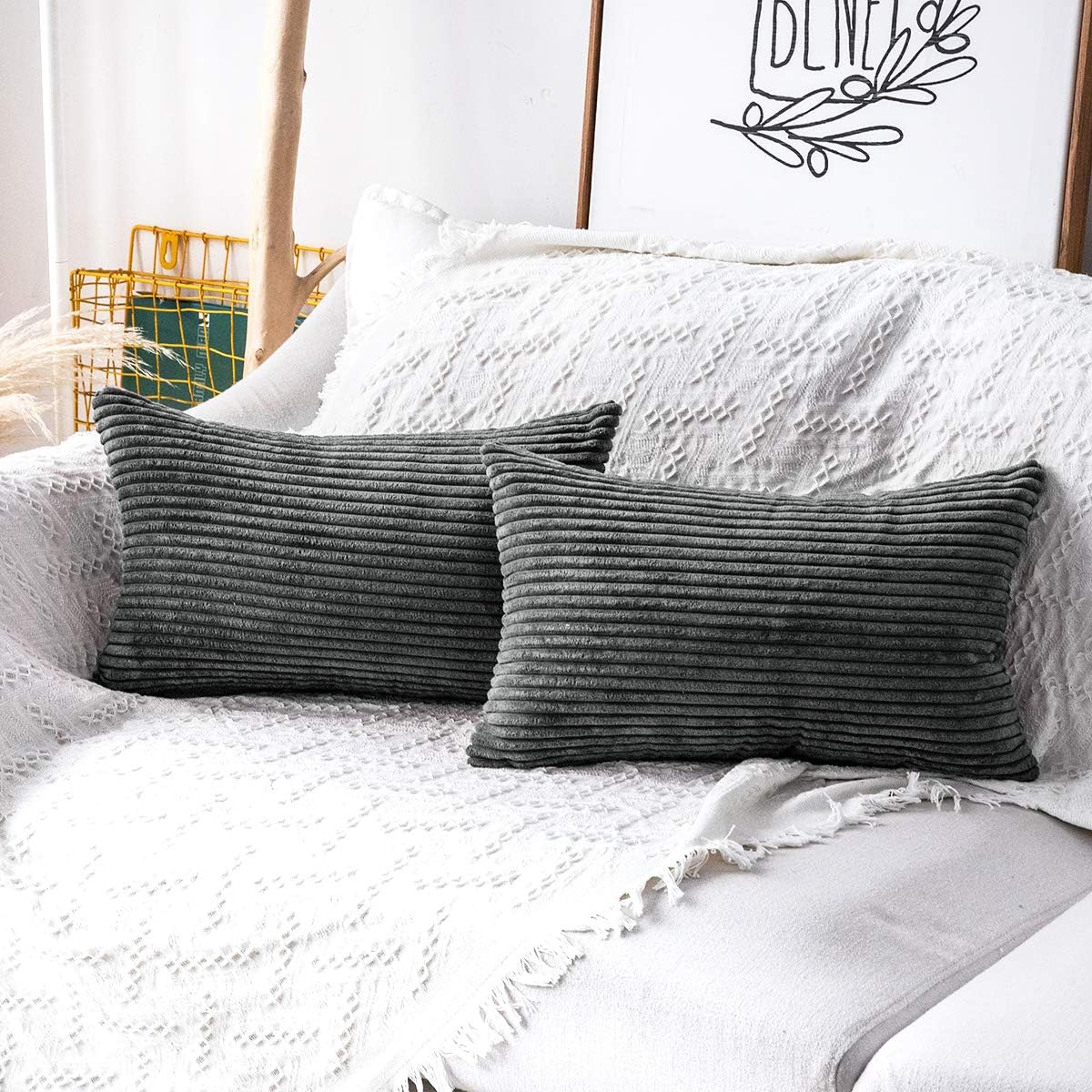 MUDILY Pack of 2 Fluffy Soft Cute Velvet Corduroy Plush Decorative Oblong Throw Pillow Covers Set Cushion Cases Pillowcases for Sofa Bedroom Car Dark Grey 12 x 20 inch 30 x 50 cm