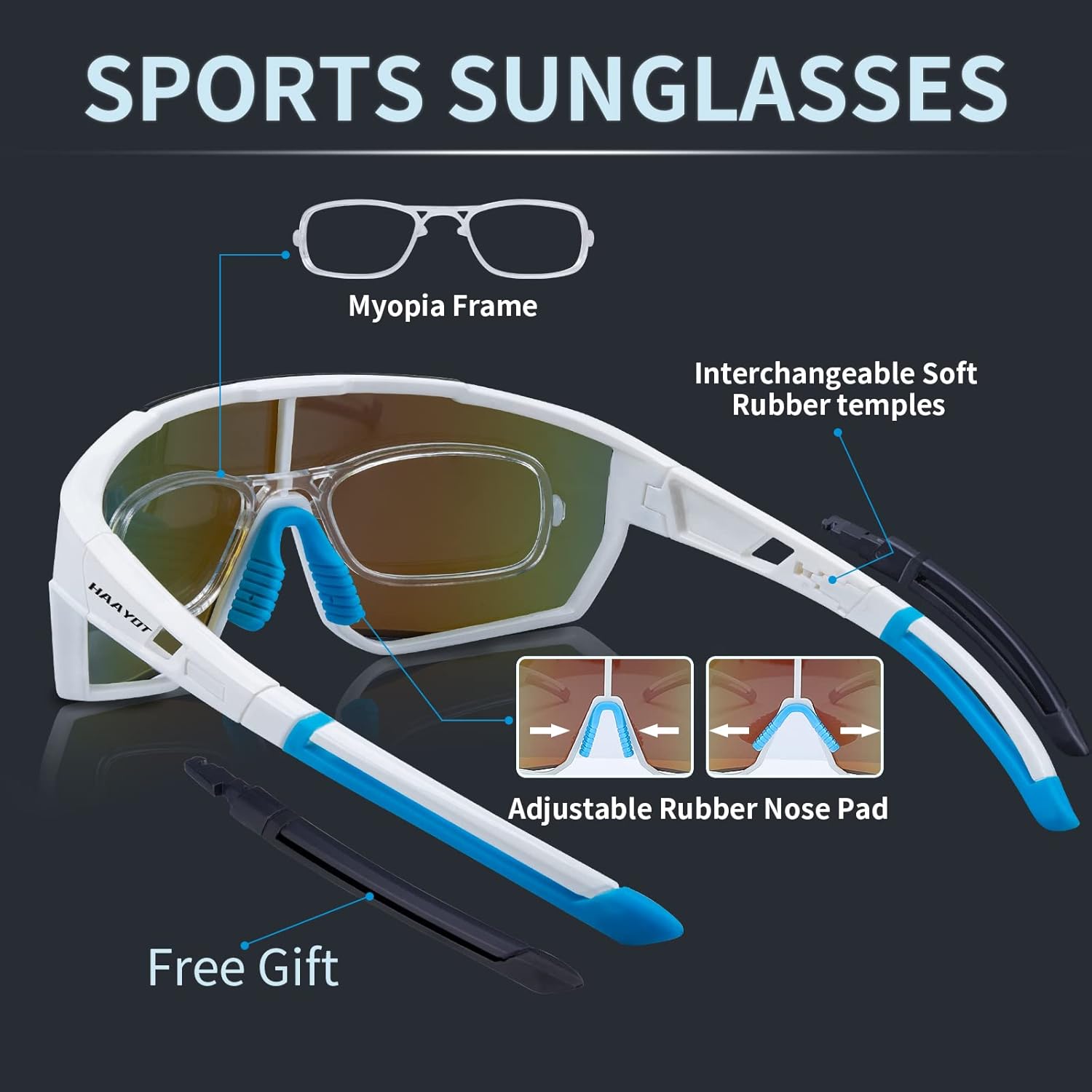 HAAYOT Cycling Glasses,Polarized Baseball Sunglasses for Men Women with 1 or 5 Lenses,Sports Running Biking Fishing Sunglasses,White Blue