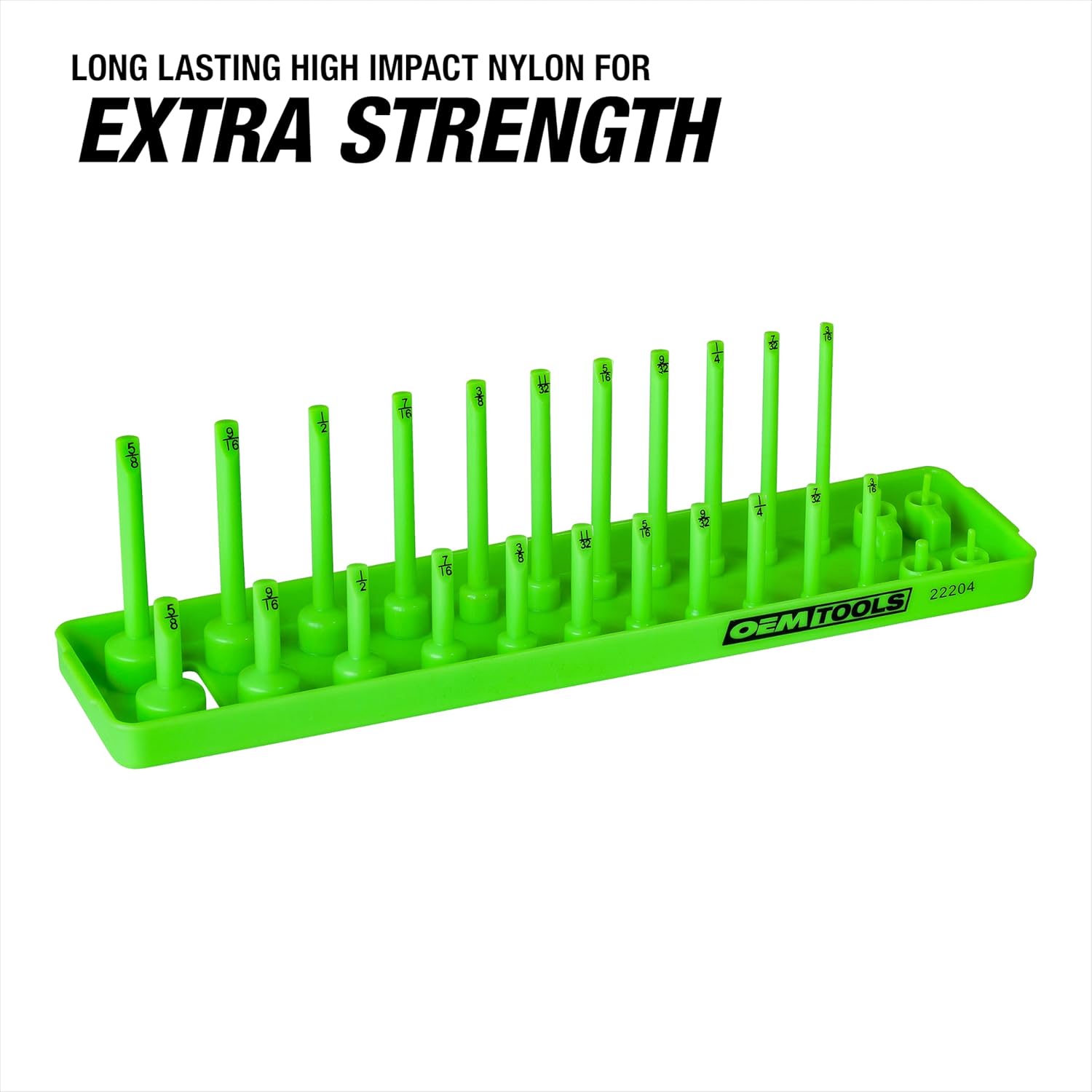 OEMTOOLS 22204 1/4" Socket Organizer (SAE), Socket Holder For Organizing Deep and Shallow Sockets, Labeled Posts, Dual Rail, Holds 1/8" to 5/8"