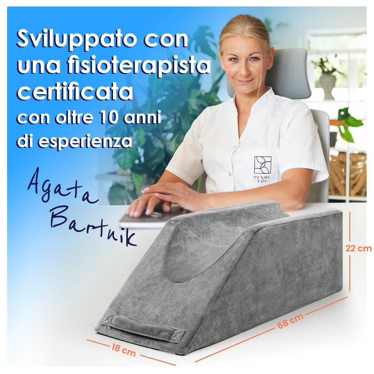Cuscino per elevazione gambe – Cuscino cuneo 68x25x22 cm memory foam – Rialzo gamba dopo operazione piede ginocchio caviglia – Maniglia & antiscivolo – Cuscino venoso – Fodera lavabile OEKO-TEX