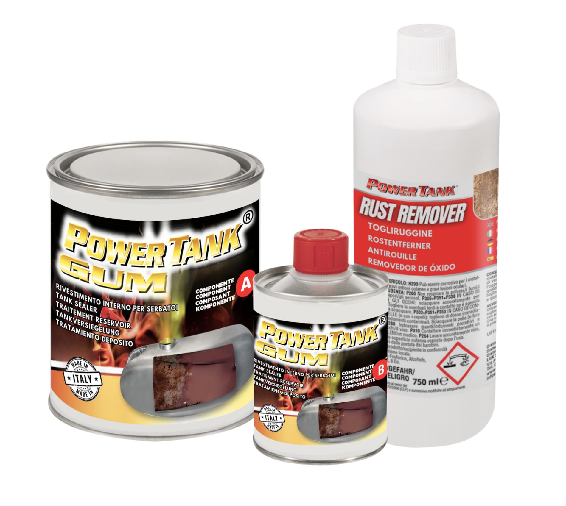 POWER TANK GUM - Trattamento Serbatoio Auto 50/55 Litri Kit Grande Big 1,3 kg per interno Serbatoi gasolio benzina Elimina la Ruggine Ripara Protegge Arrugginito da Moto Auto d'Epoca con Antiruggine