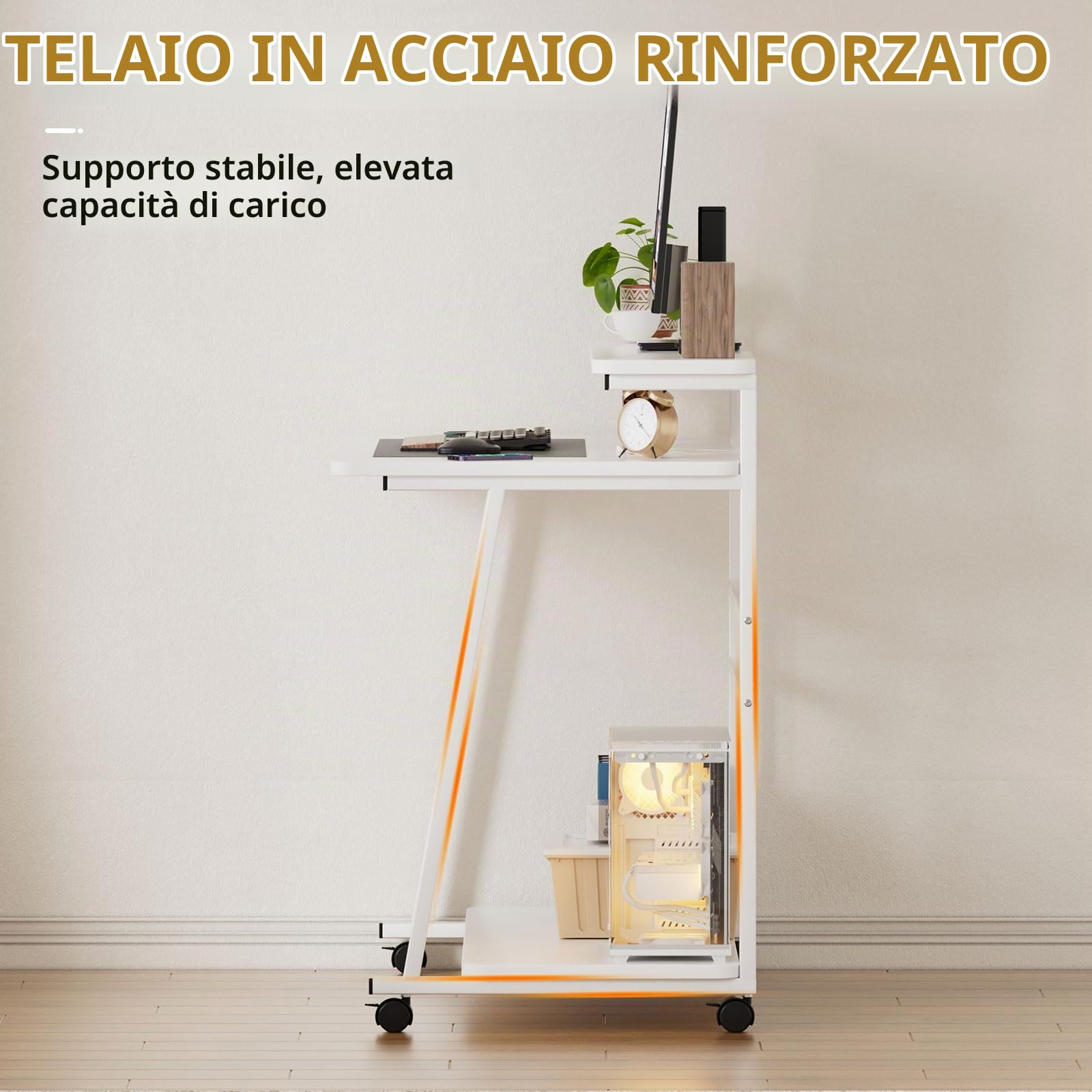 Scrivania per Computer con 4 Ruote Tavolo Porta PC Con spazio di archiviazione Scrivania per Computer Scrivania Ufficio Portatile Facile da Montare per Casa Ufficio Studio 80x50x90CM (Bianco)