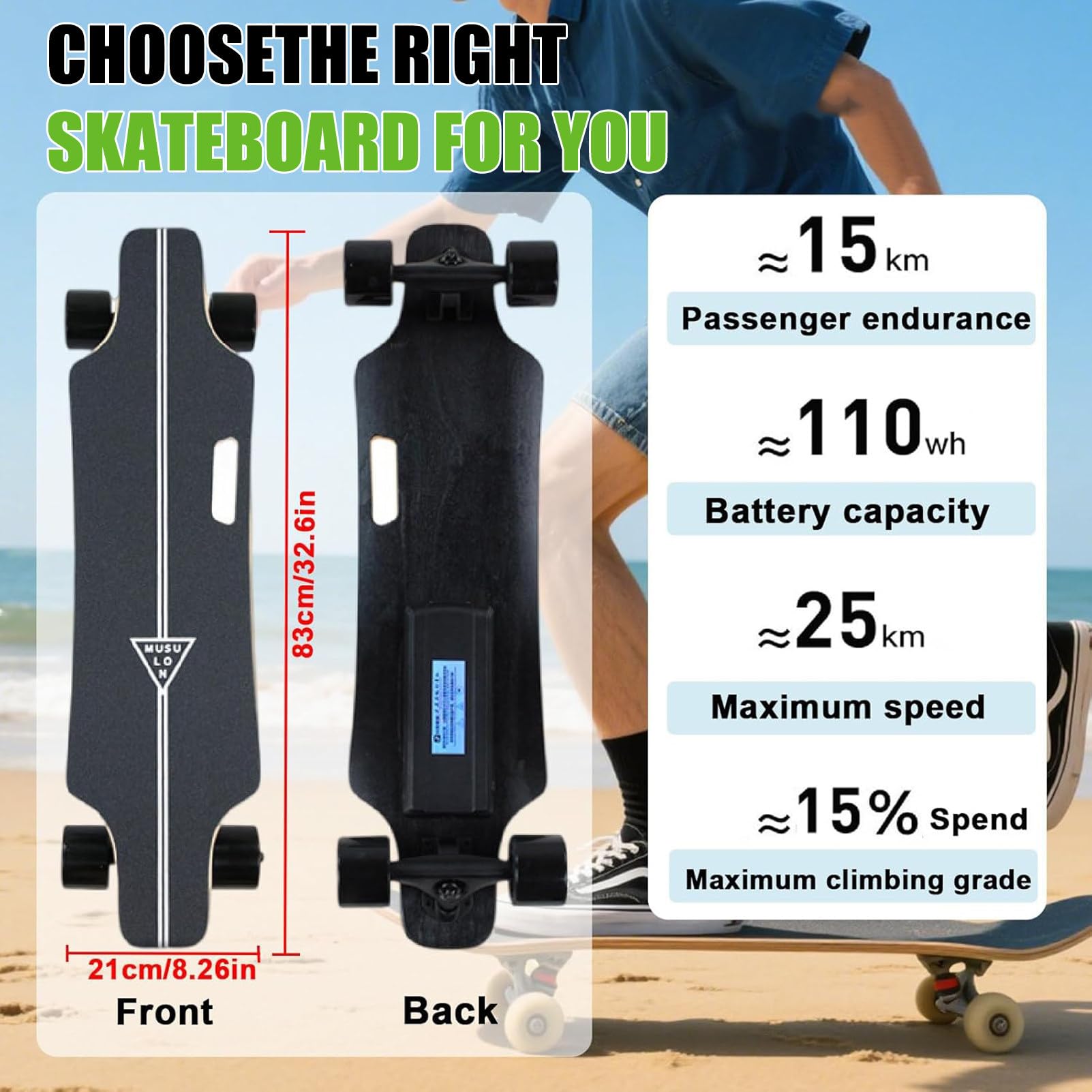 Skateboard électrique avec télécommande, Longboard Cruiser pour adultes, design facile à transporter, idéal pour les déplacements, portée de 15 km, pack complet E-Longboard