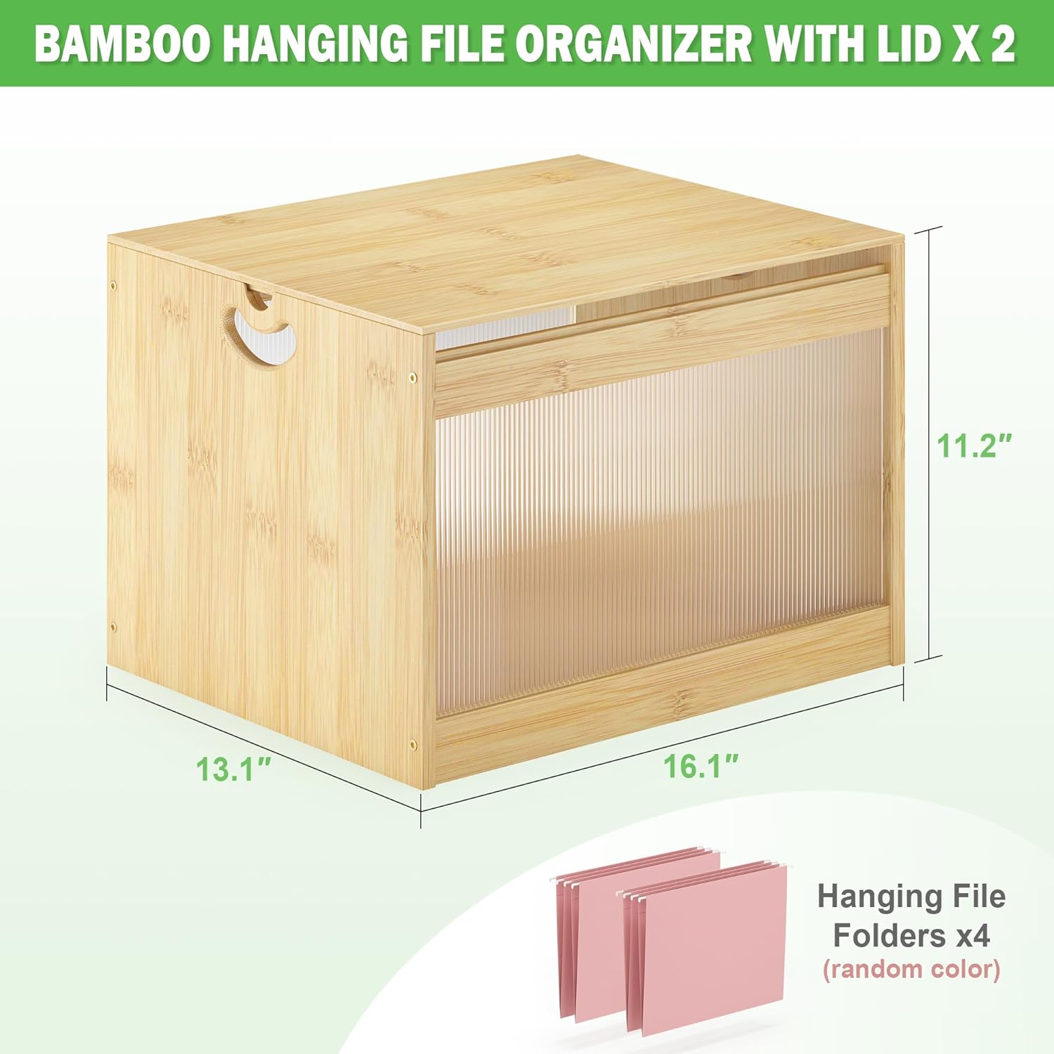Hanging File Box Organizer for Letter Size 2 Pack, Bamboo Acrylic File Folder Storage with Lid Clear Wooden Moving Boxes Wood with Handle Desktop Filing Holder for Office Banker Document Nature