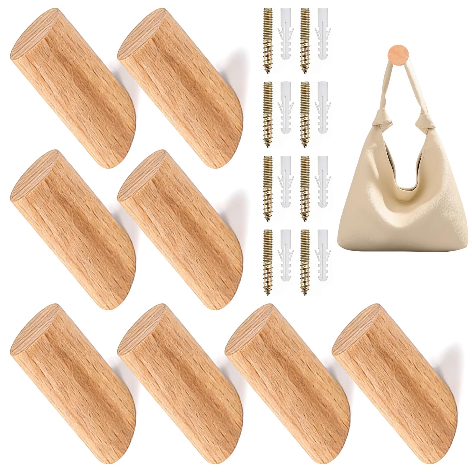 Vrexziy Wooden Coat Hooks, 8 Pcs Wooden Pegs Hooks, 8 cm Wood Hook with Screws Wood Coat Pegs Wall Mounted for Hanging Clothes Hat Scarves or Towel (3x8cm)