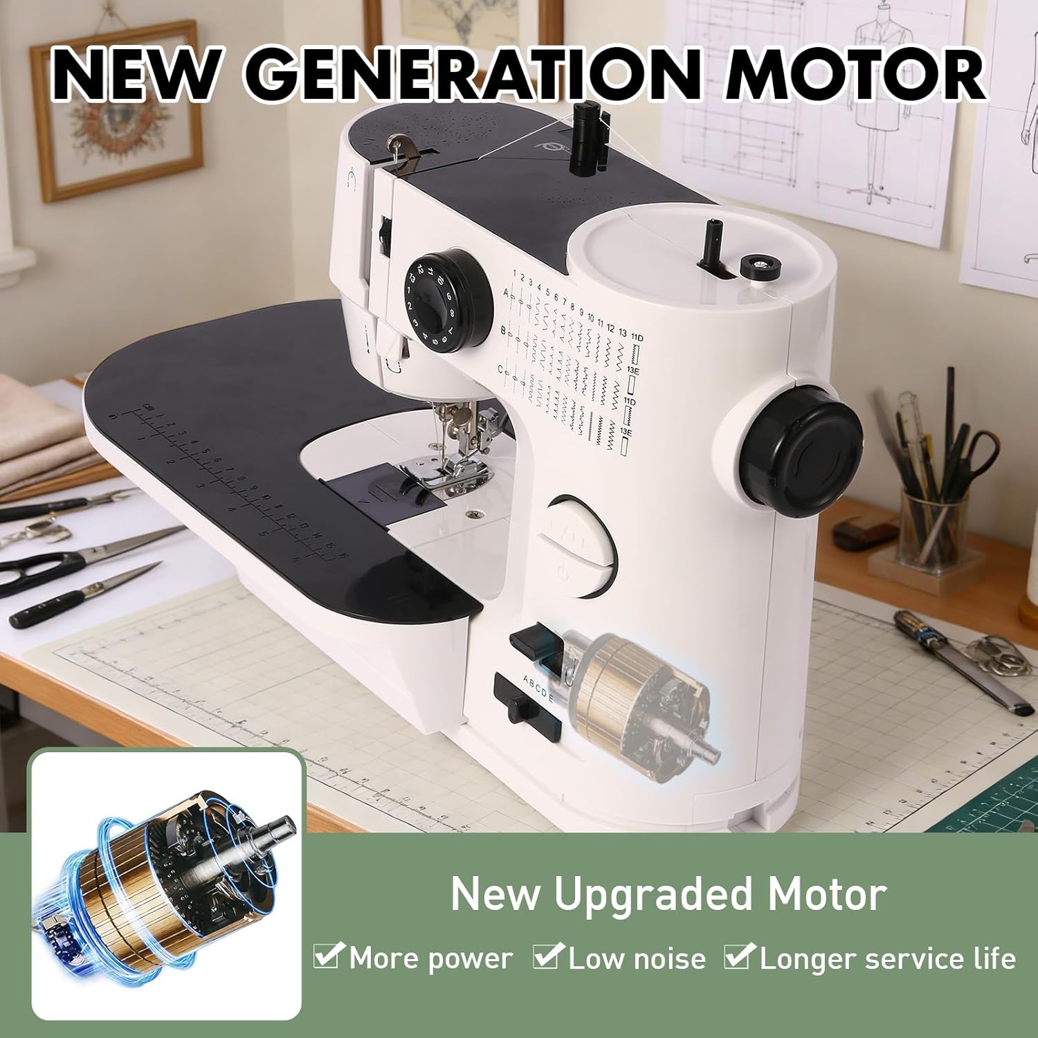 Twin Needles Sewing Machine, 39 Stitch Applications, Portable Household Electric Sewing Machine for beginners, with expansion Table, Foot Pedal, Light, Storage Drawer, Sewing Accessory Kit