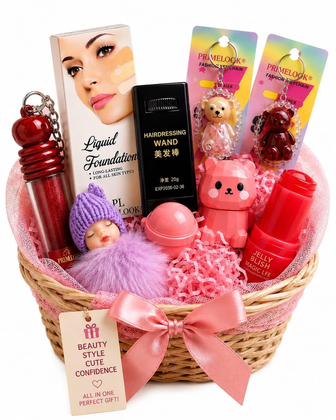 cute makeup combo for females | liquid foundation, doll keychain lipstick, teddy lip gloss & lip oil with bracelet, teddy lip balm & jelly tin blusher | pack of 6