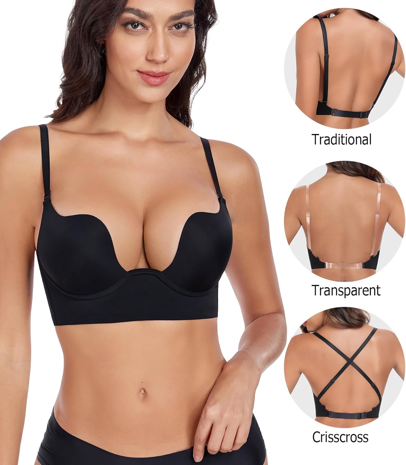 Women's Backless Deep Plunge Bra U Neckline Push Up Low Cut Supportive Underwire Bras - Image 3