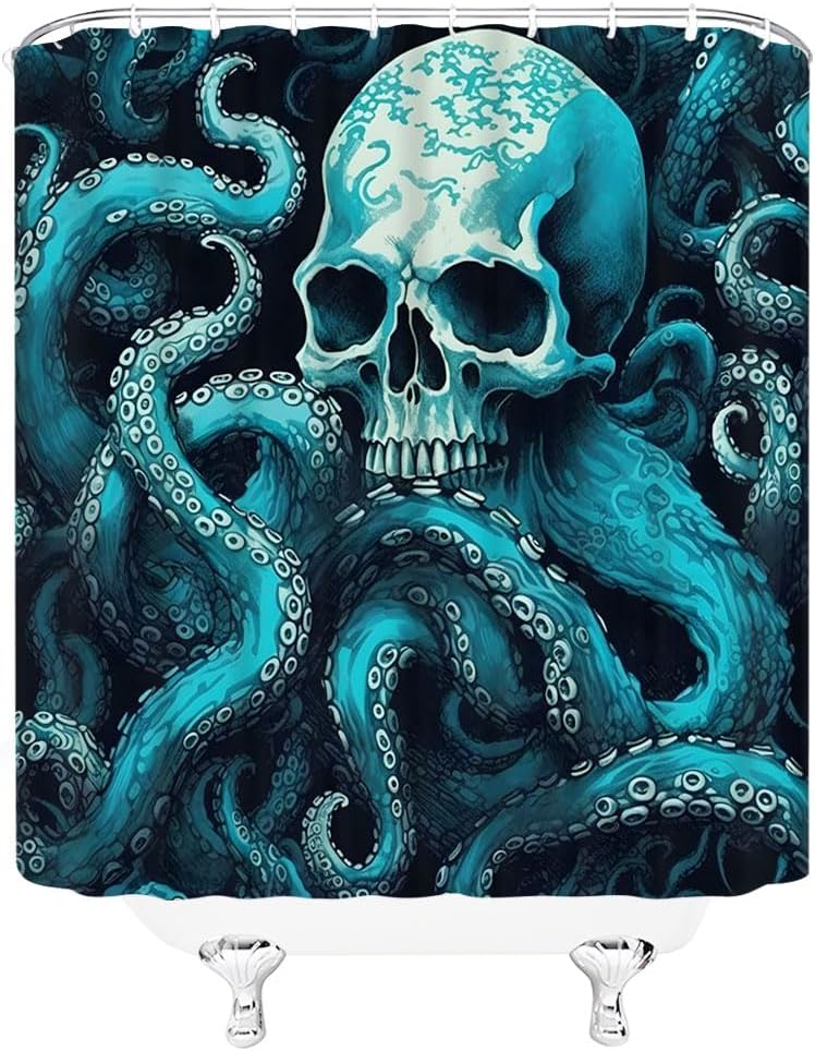 Skull Octopus Shower Curtain Vintage Skull Octopus Tentacle Kraken Blue Teal Marine Life Horror Gothic Halloween Theme Polyester Fabric Bathroom Curtains with Hook