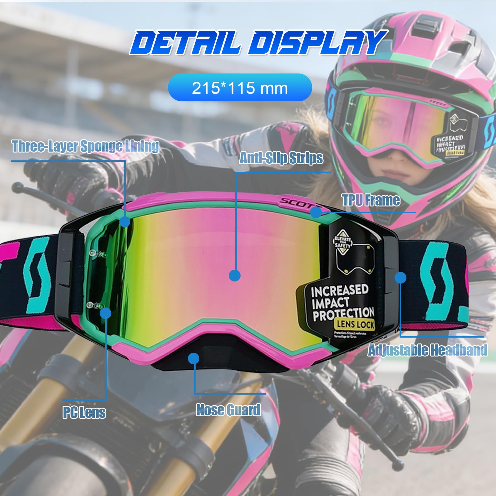 Lunette Moto Cross,Masque Moto avec Protection Nasale et Doublure en Éponge à Trois Couches,Lunettes de Moto Anti-buée avec Protection UV pour Cyclisme,Ski,Escalade