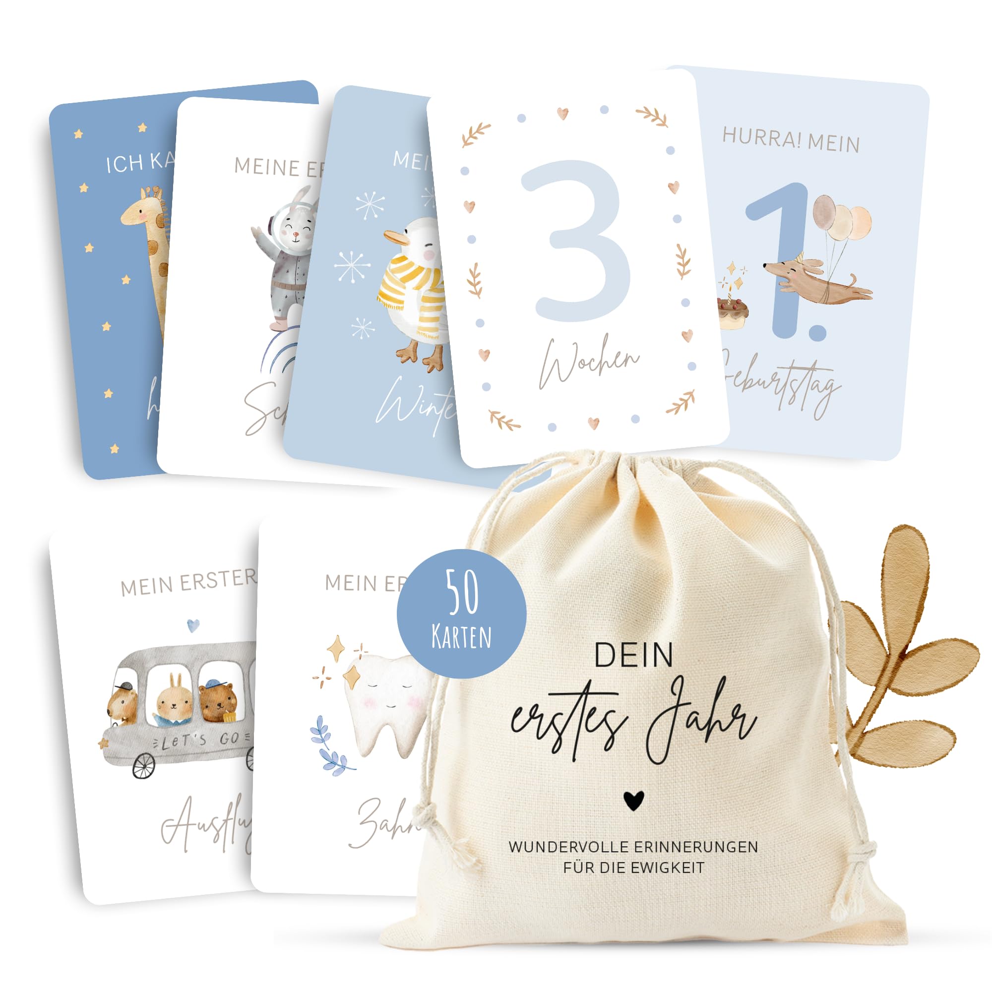 MeinBaby123® Meilensteinkarten "Dein erstes Jahr" | Meilenstein Karten Set Geschenk zur Geburt | Fotokarten für das erste Jahr | 50 Karten Inkl. Baumwollsäckchen (blau)