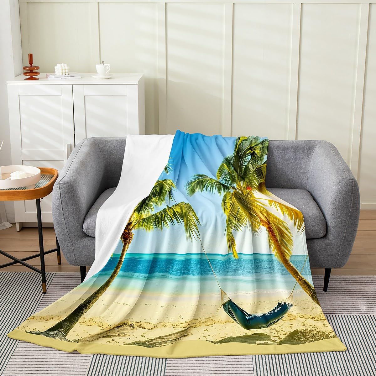 Coastal Palm Tree Throw Blanket Twin Size, Summer Hawaiin Style Flannel Fleece Blanket, Ocean Beach Sherpa Blanket, Tropical Style Hammock Vacation
