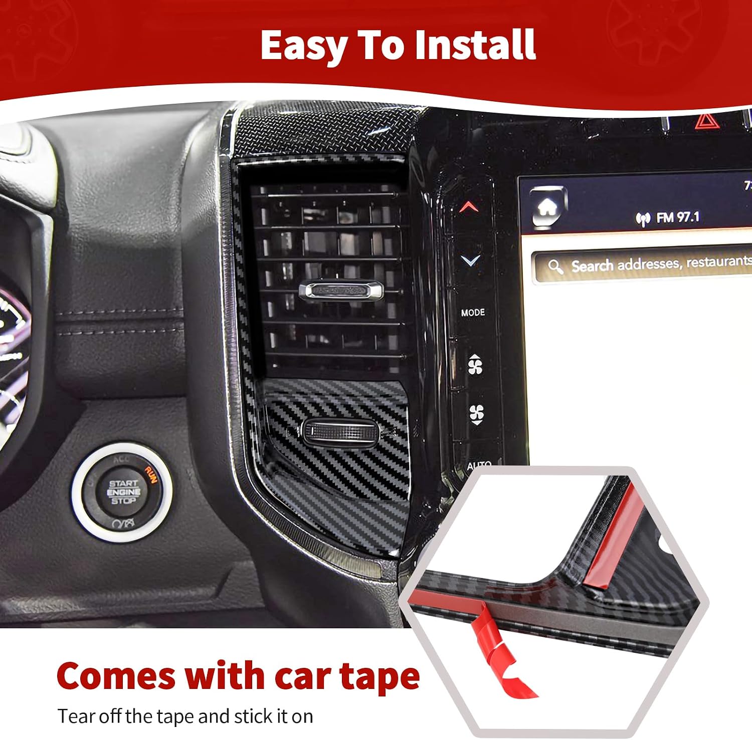 for RAM TRX Dash Center Air Vent Cover Trim Fit for RAM TRX 2018-Present Black Carbon Fiber Interior Accessories 2pcs