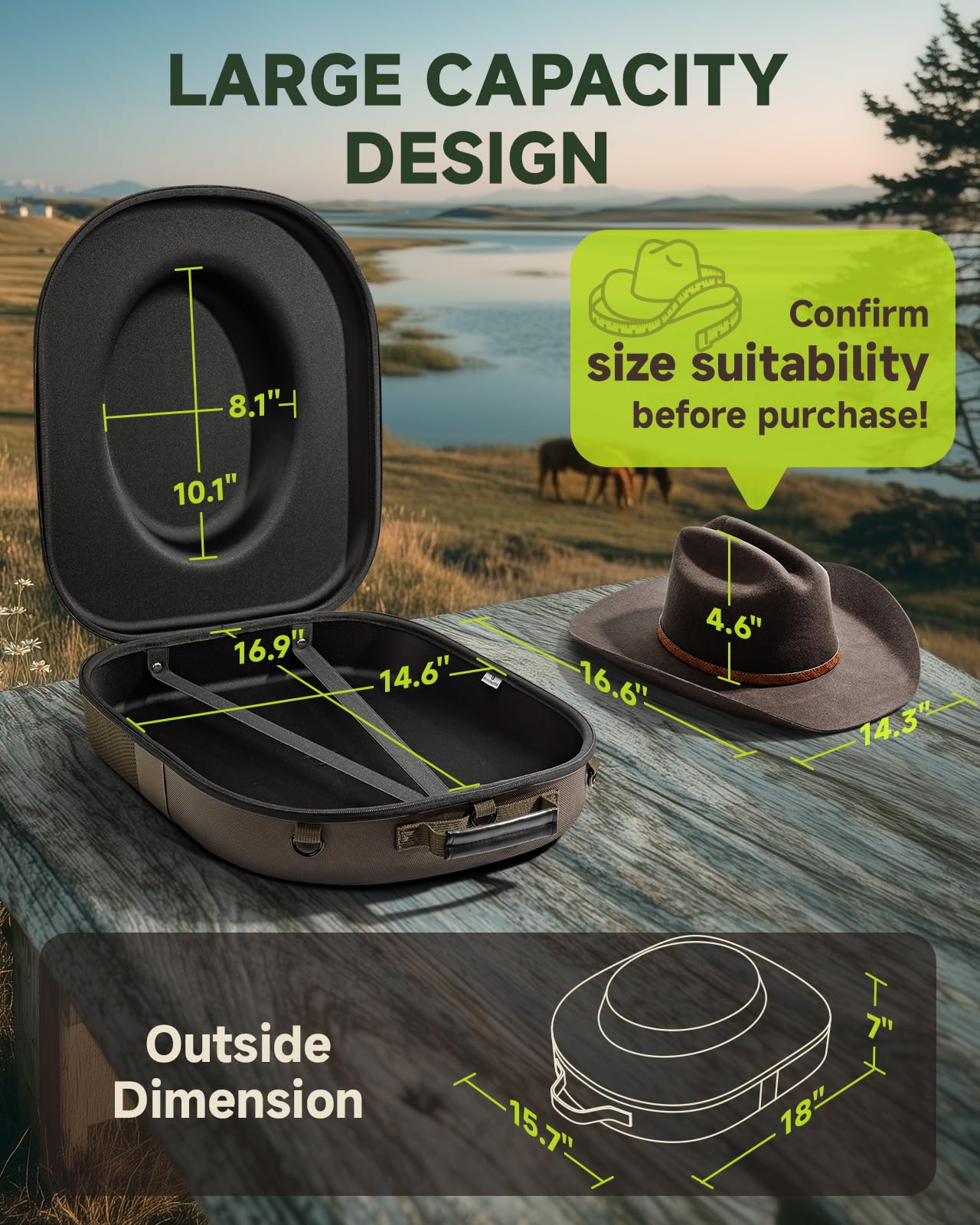 BRANTMAKER Boîte à chapeau de cowboy, étui de voyage, sac de rangement résistant à l'écrasement | Rangement pour Western/Panama/Fedora, avec bandoulière réglable et brosse à chapeau (marron)