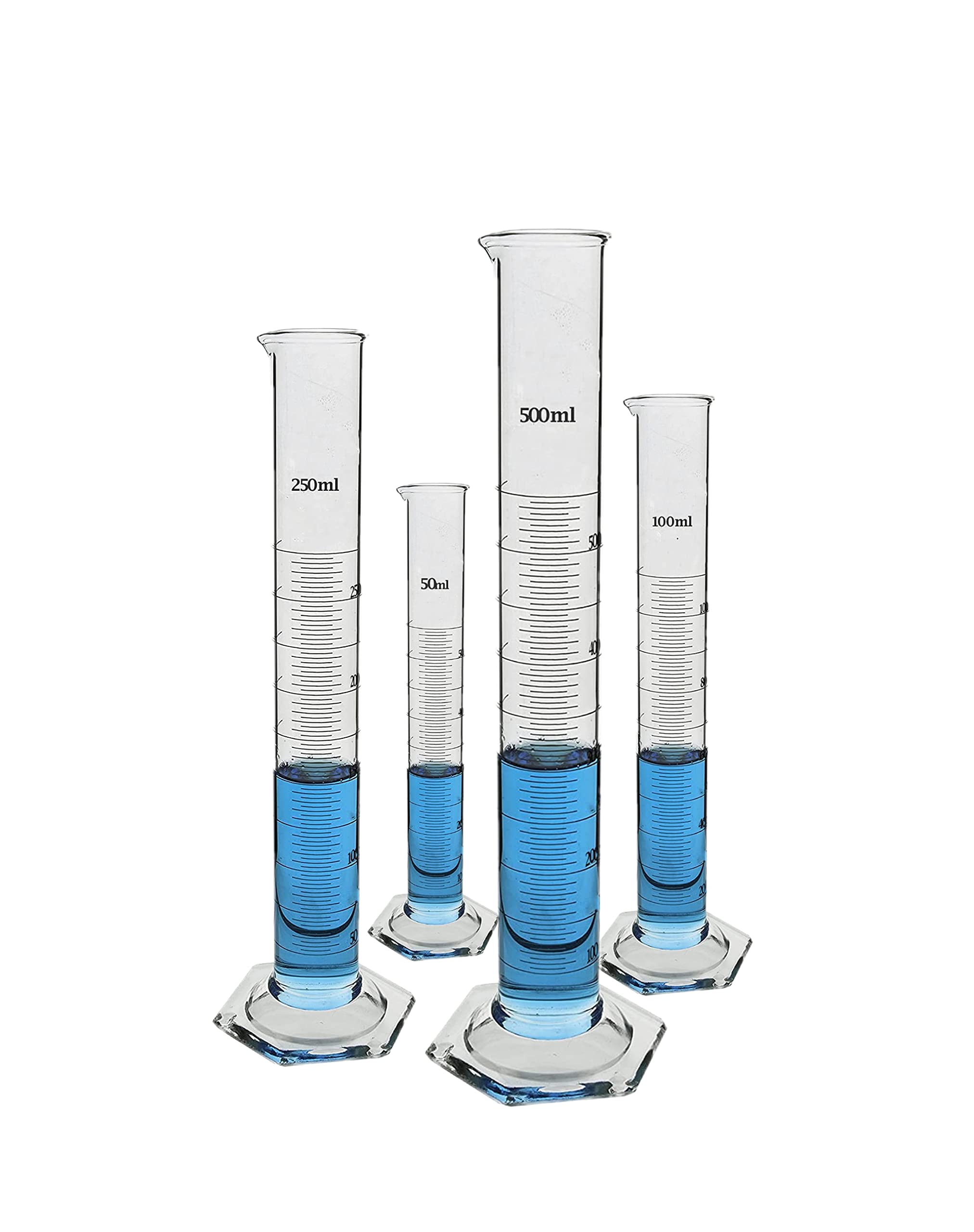 Borosilicate 3.3 Glass Measuring Cylinder 50 ml, 100 ml, 250 ml, 500 ml with Graduation Marks, Set of 4 Measuring Cylinders