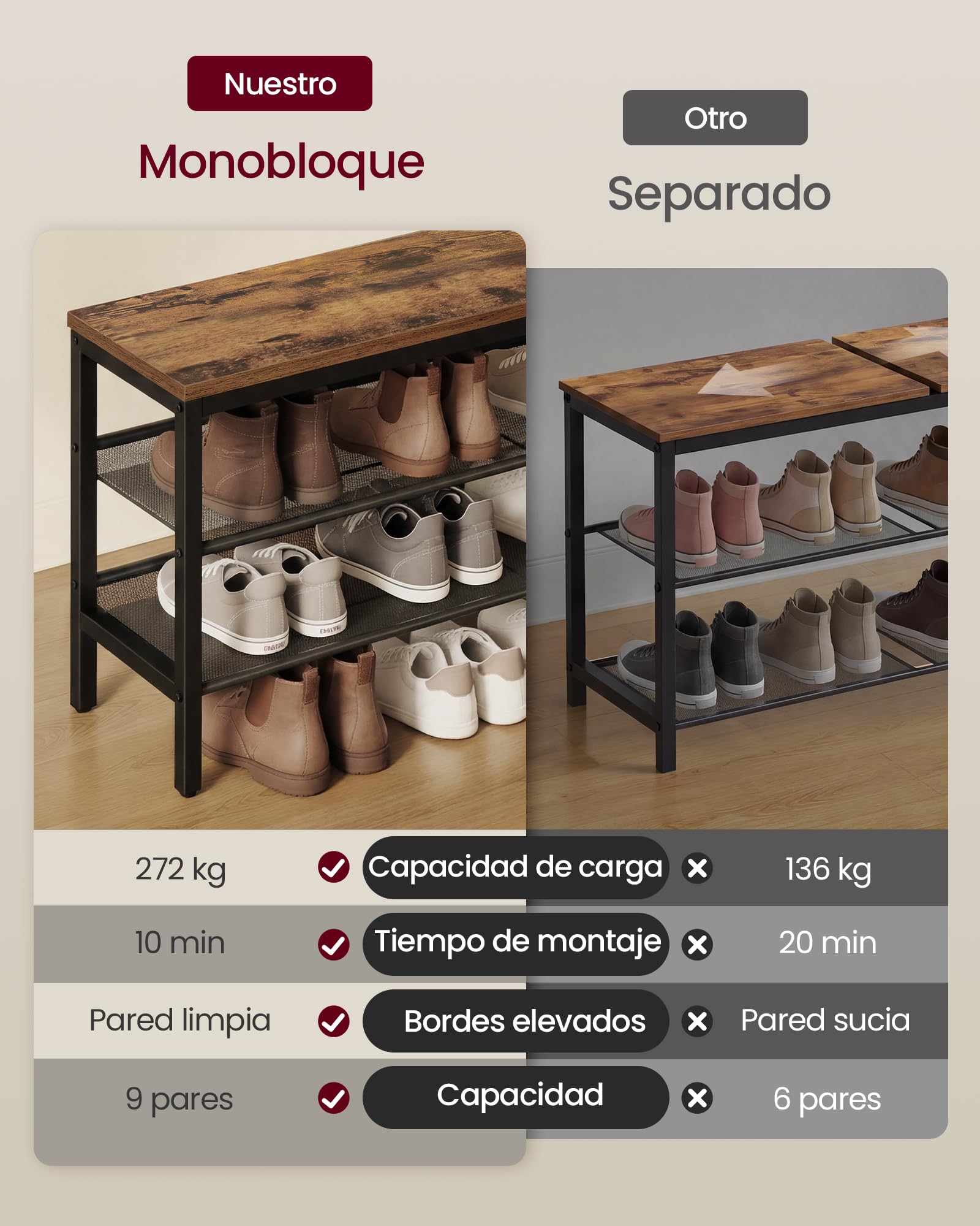 VASAGLE Banco Zapatero de 3 Niveles, Estantería Monobloque, Estante para Zapatos con Bordes Elevados, Estilo Industrial, Montaje Fácil, 28 x 75 x 50 cm, Marrón Rústico y Negro Tinta LSB070KD02