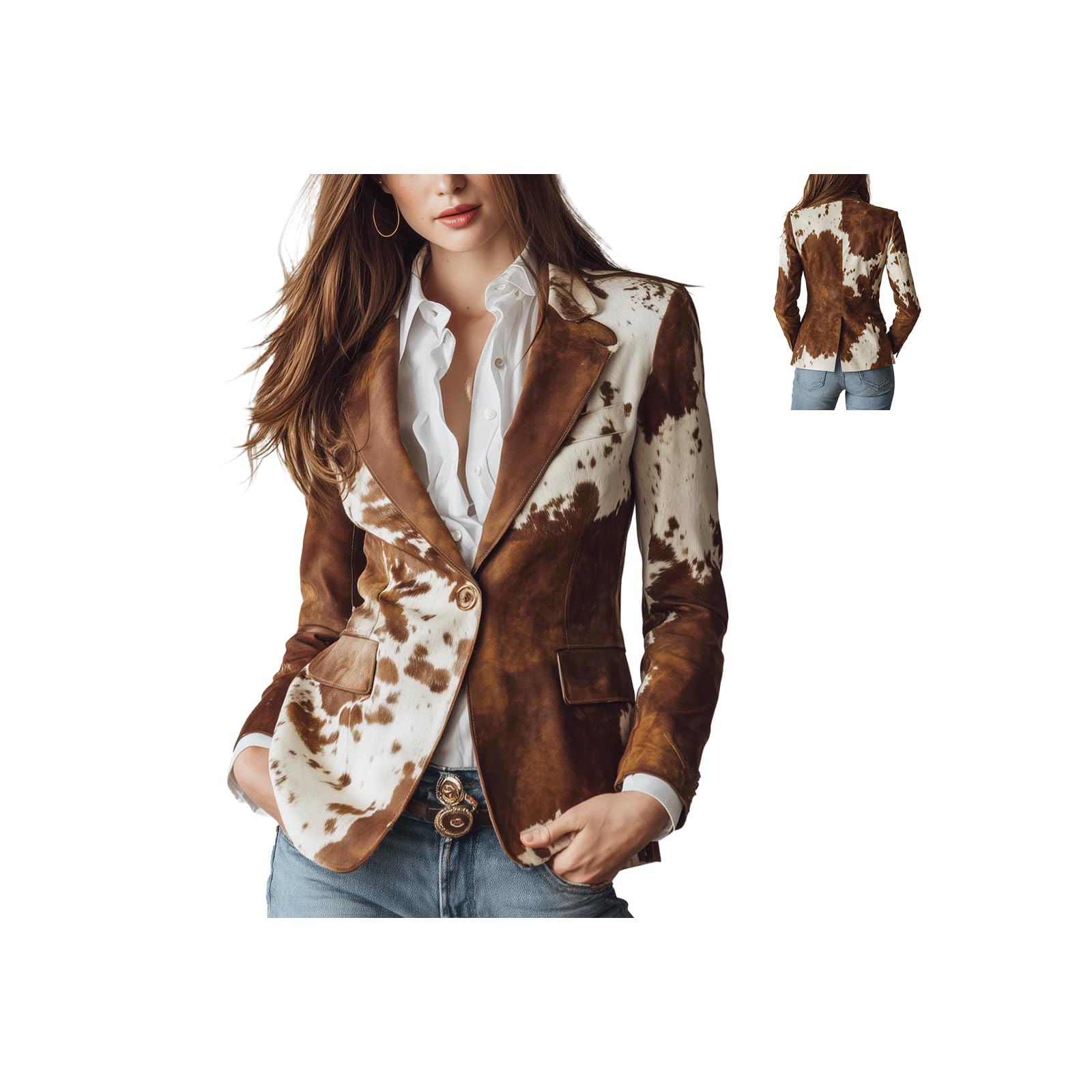 Vintage Stand-Up Collar Cow Print Fitted Jacket - Womens Suede Blazer with Cow Print Design - Western Single-Breasted