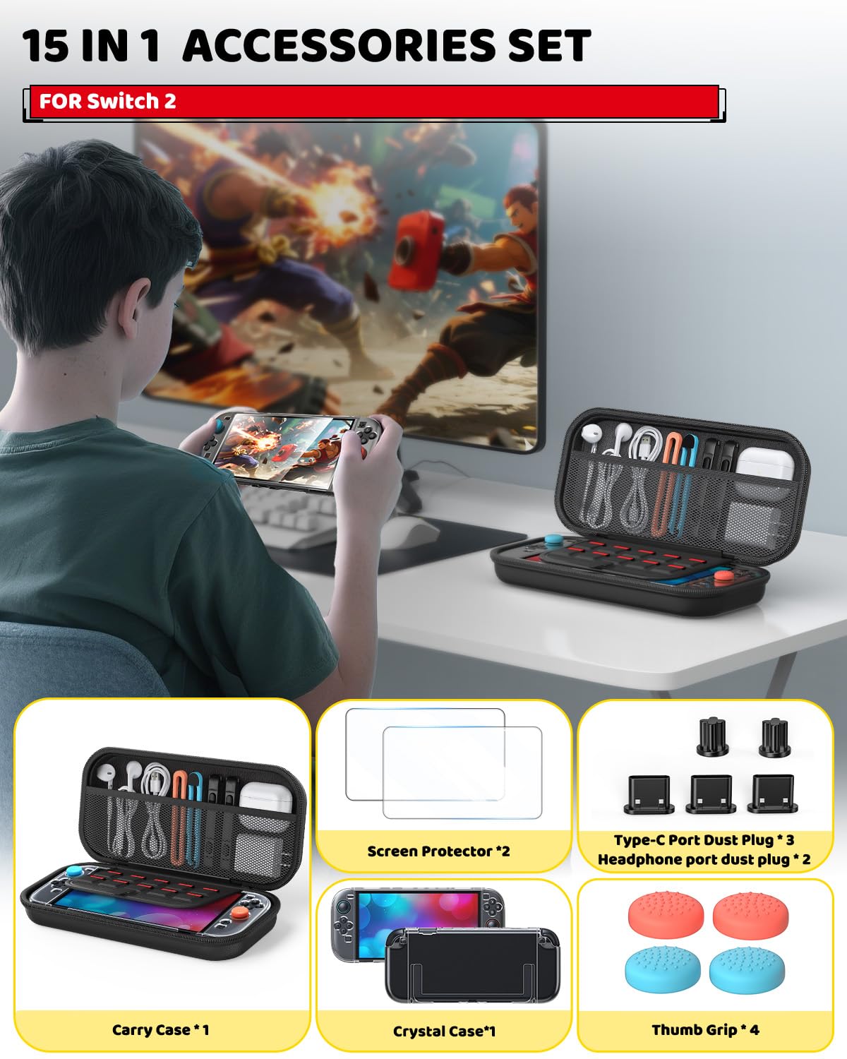 Étui de Transport Portable pour Nintendo Switch 2 D S - Avec 2 Protège-Écrans HD [7,9 Pouces], Coquille de Cristal, Kit Anti-Poussière et 4 Embouts pour Joysticks (Lot d'Accessoires)
