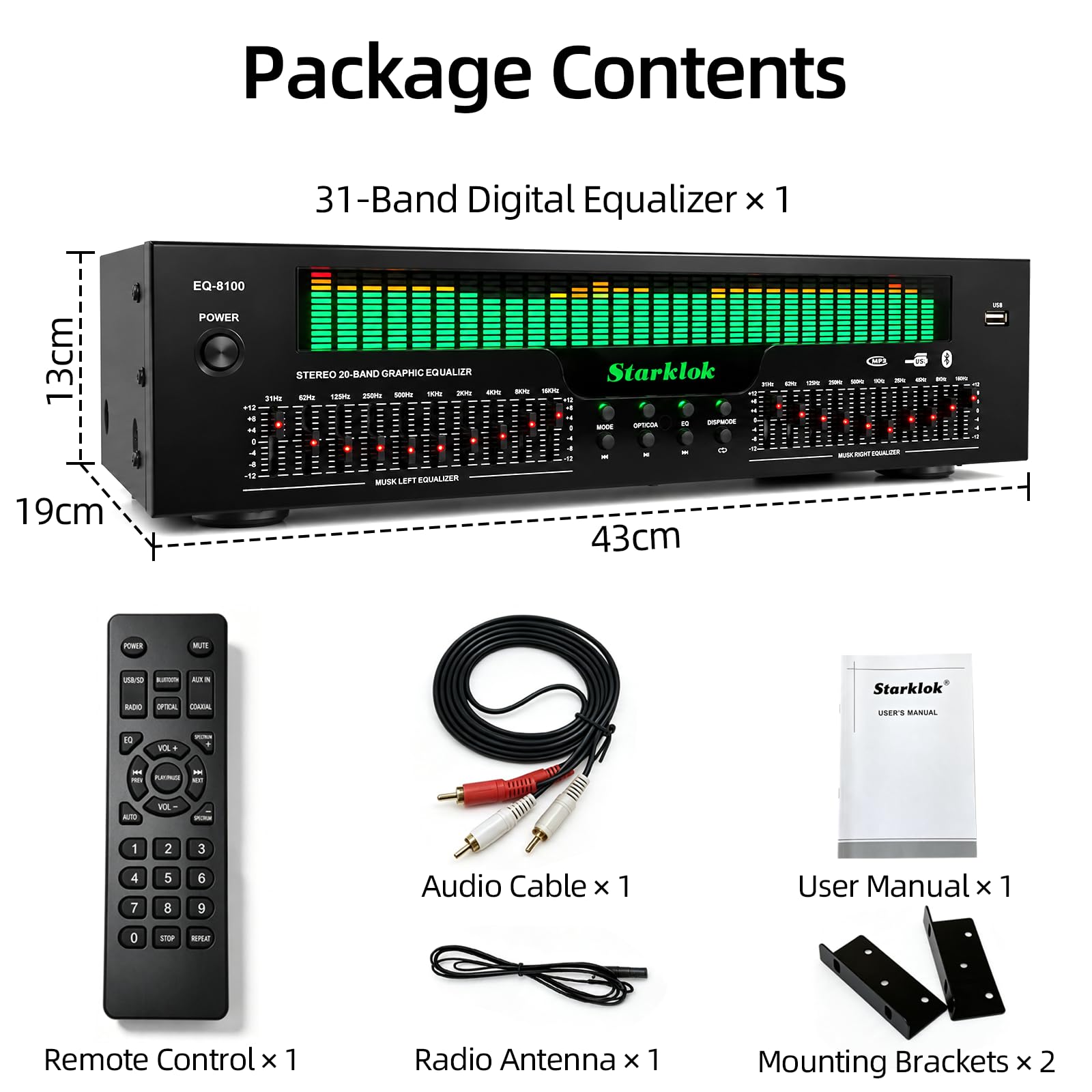 31-pasmowy korektor cyfrowy, stereo Graphic Equalizer z Bluetooth 5.4, 12 trybów rytmu, analizator widma muzyki, optyczny/współosiowy dekoder audio, redukcja szumów do studia i wykonywania muzyki