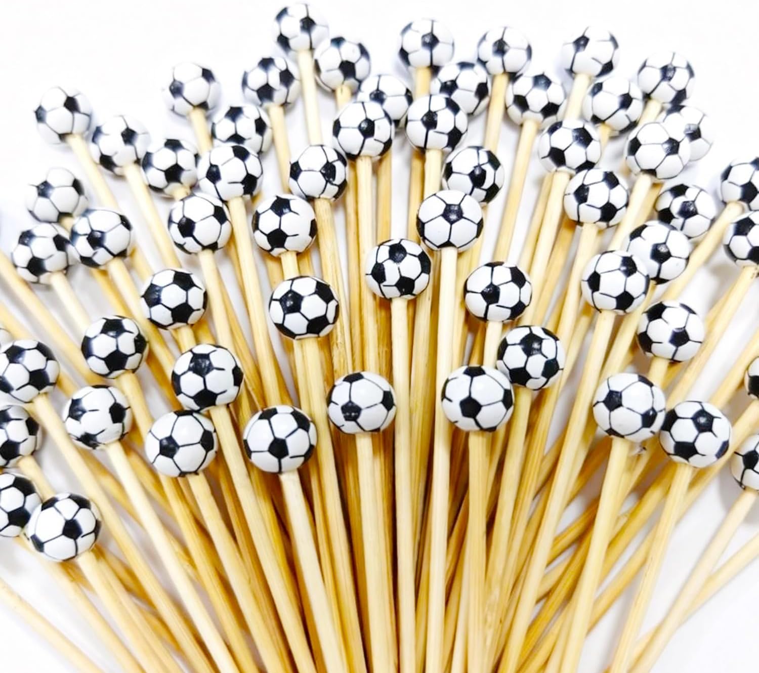 100Pcs Soccer Cocktail Picks, 4.8 Inch Bamboo Fruit Sticks, Decorative Football Toothpicks for Appetizers, Drinks, Barbecue, Sports Theme Party, Game Day, Birthday Party Supplies