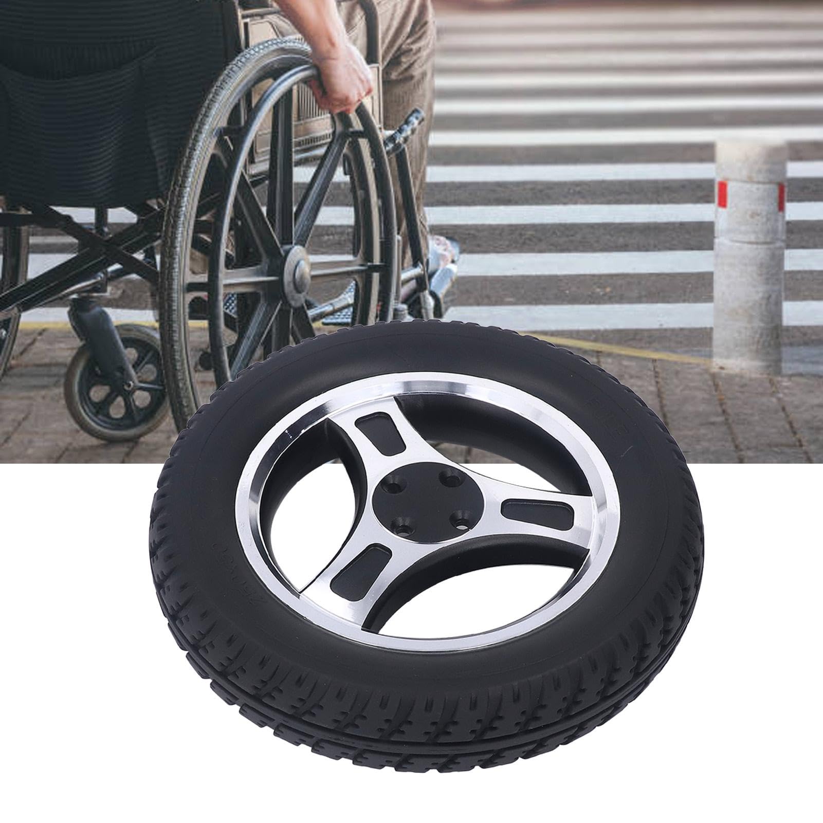 Ruota Girevole per Sedia A Rotelle da 250 mm, 250*50mm 4 Fori Antiscivolo Senza Gonfiaggio Ruota In PU Mozzo In Lega di Acciaio Ruota Girevole Antideflagrante, Pneumatico per Sedia A Rotelle Elettrica