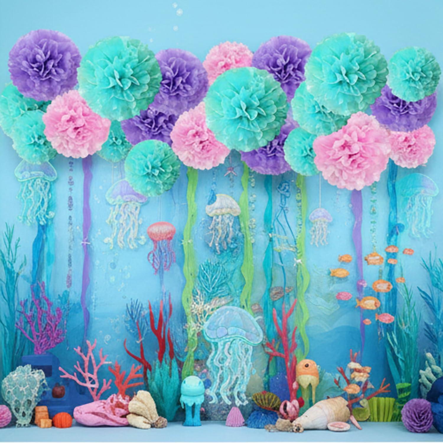 Pink Purple and Blue Paper Pom Poms (12 Pack) - Pastel Teal Pink and Purple Hanging Tissue Flowers for Baby Shower Birthday Party Ceiling Decorations