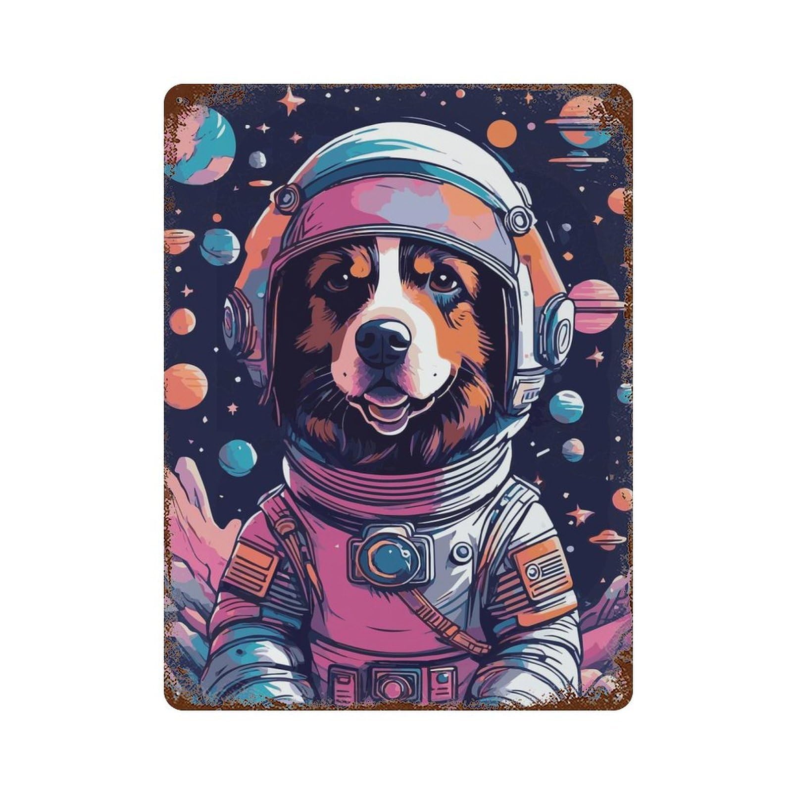 Astronaut Dog 8 Distressed Metal Wall Sign 15.7"x11.8", Ideal for Garage, Bar And Workshop Decor