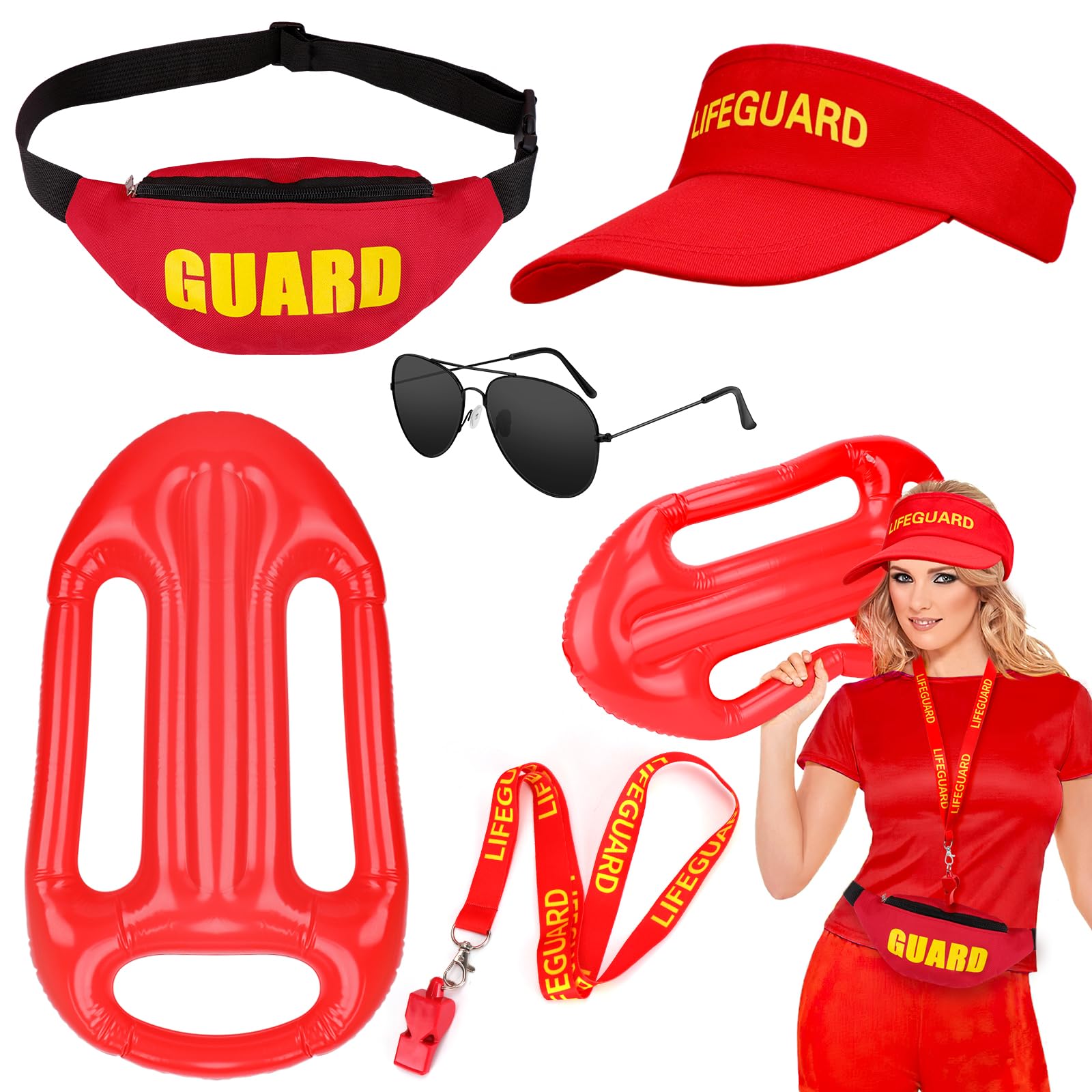 Costume Sauveteur Adulte 4 Pièces - Casquette, Bouée, Sifflet, Lunettes, Pour Fête Plage/Halloween