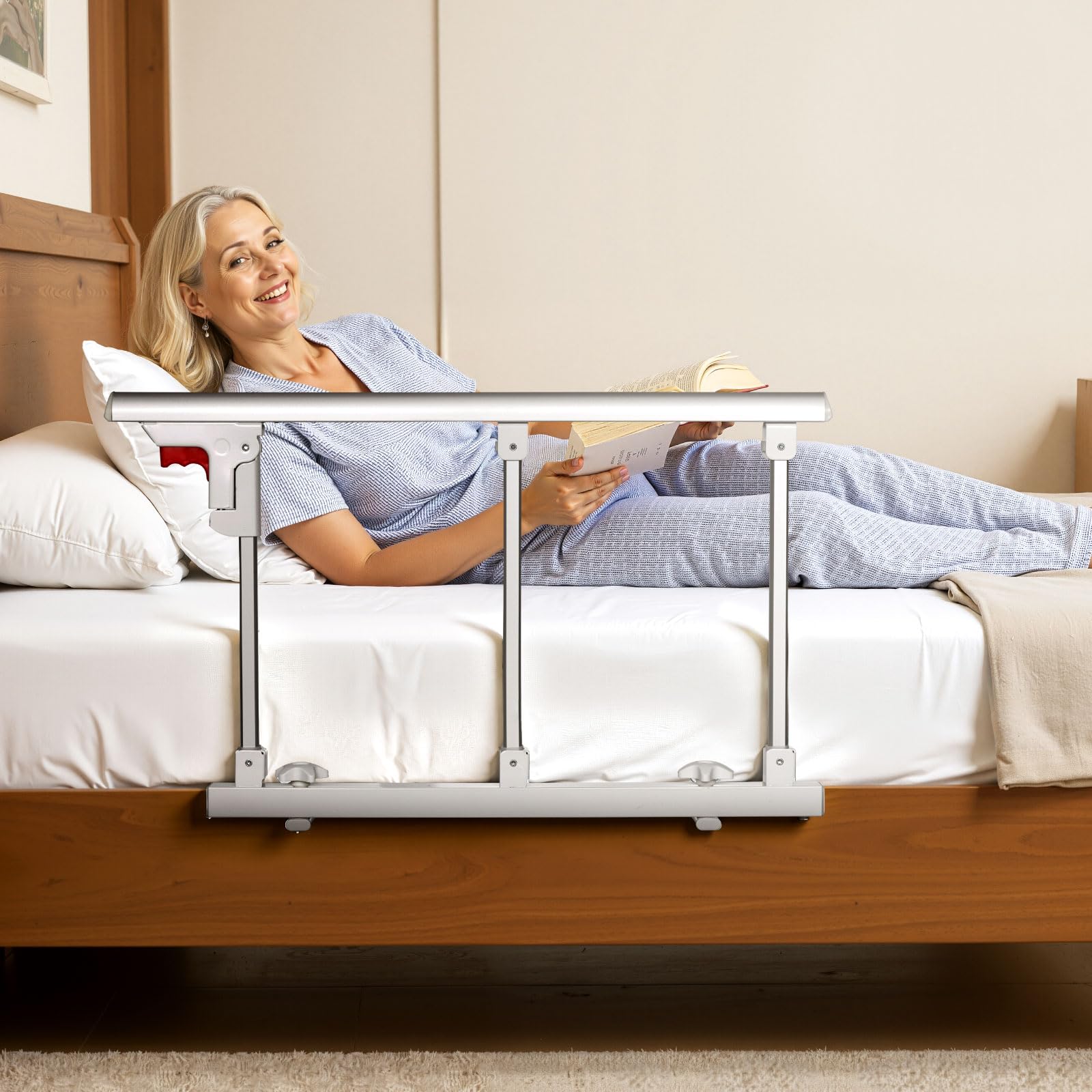 VEVOR Barandilla de Cama Plegable a Personas Mayores, 70 cm, con Correa de Sujeción, Protección Anticaídas y Protección de Bordes, Compatible con Camas King, Queen, Matrimoniales e Individuales