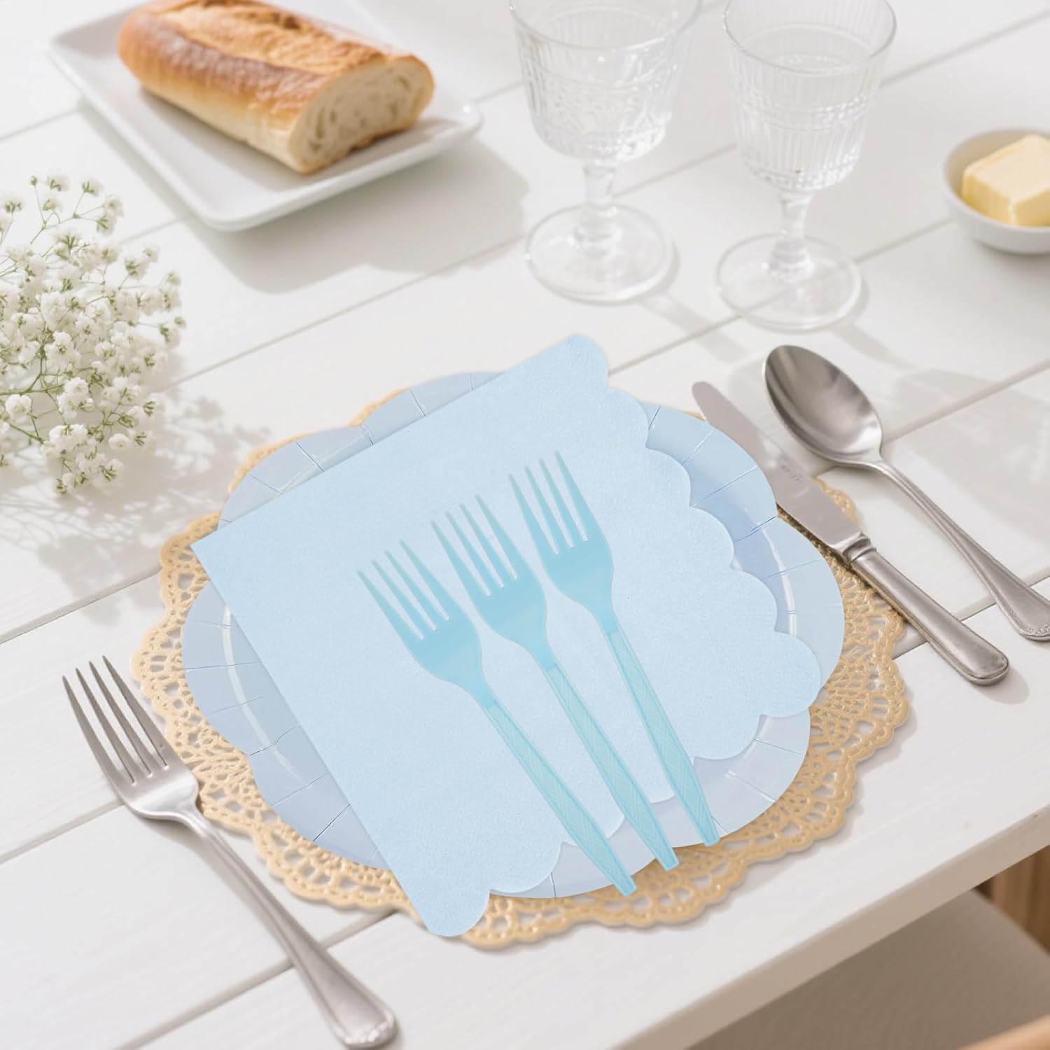 75 PCS Blue Paper Plates and Napkins Party Supplies, Light Blue Scalloped Plates Napkins Forks Disposable Tableware Set for Bridal Baby Shower Wedding Birthday Party Decorations image 5 of 7 B0FFGVTS7C