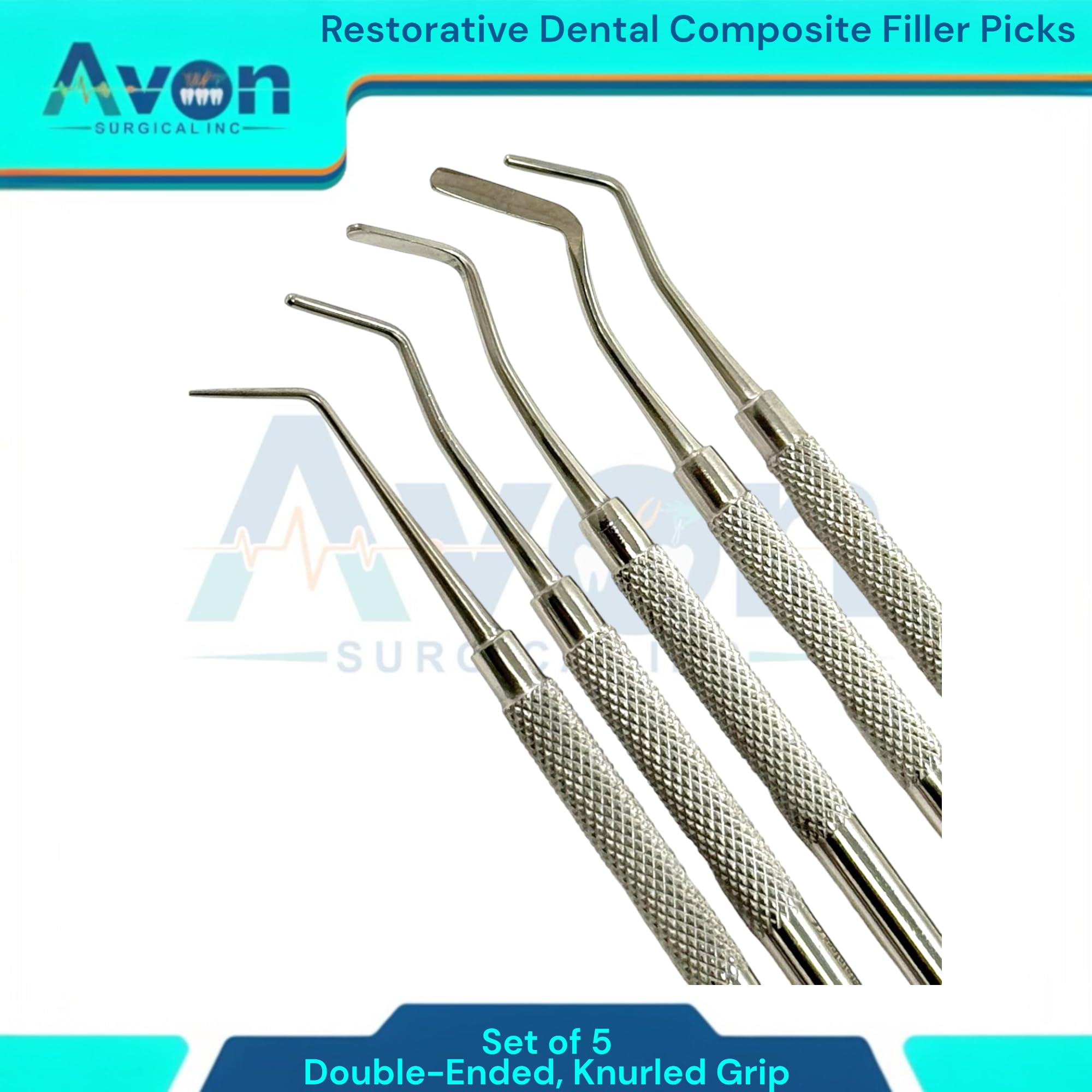 Restoration Dental Carver Filling Picks - Double-Sided, Knurled - Resin and Composite Spreading Dental Instruments - German Stainless Steel (5 Pack)