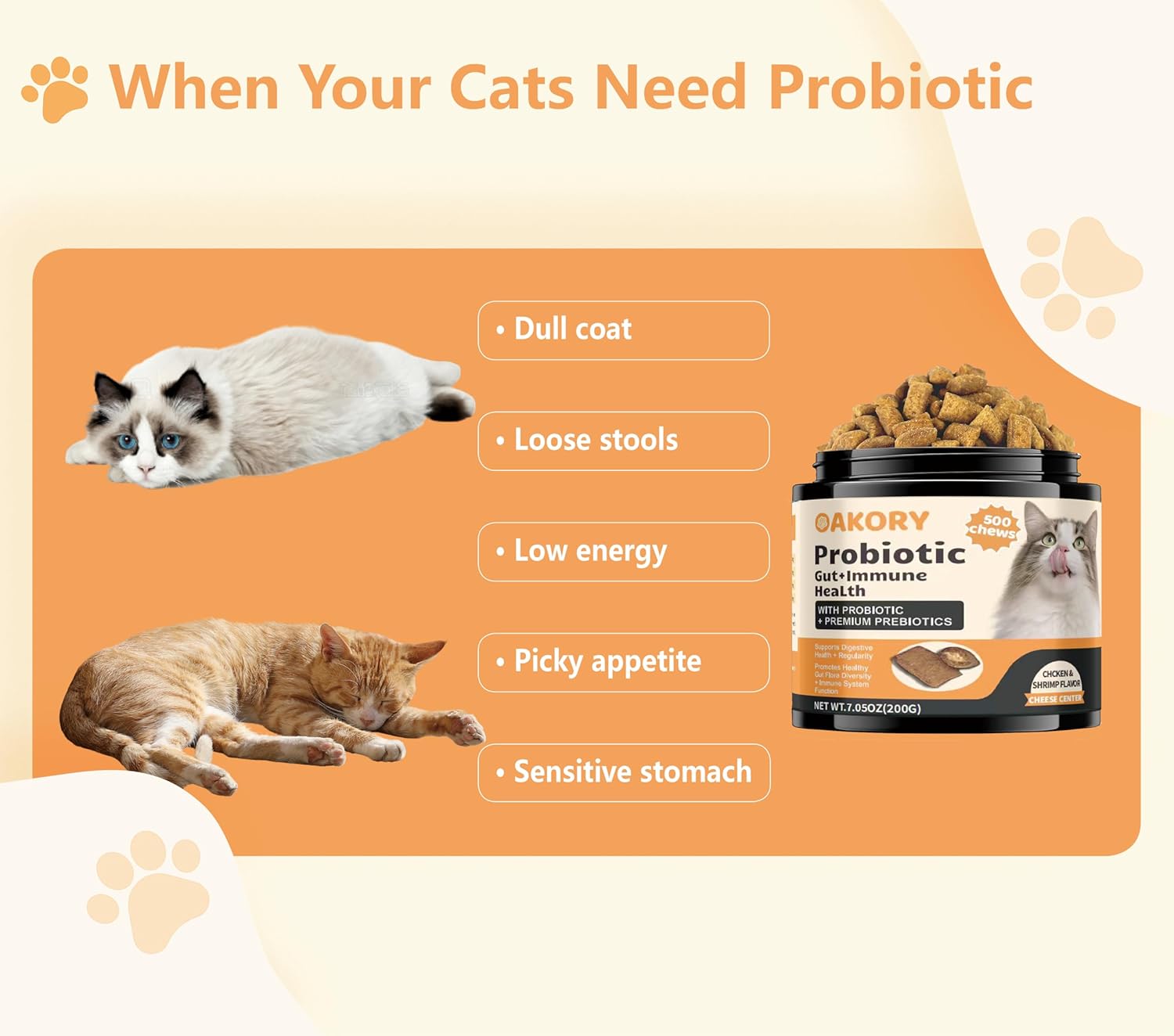 Cat Probiotics Tasty Chews –500 Chews Crunchy & Creamy Texture, with Fish Oil Omega-3 Skin & Coat Health Digestive & Gut Support, Constipation Relief, Healthy Stool, Chicken Flavor with Cheese Center