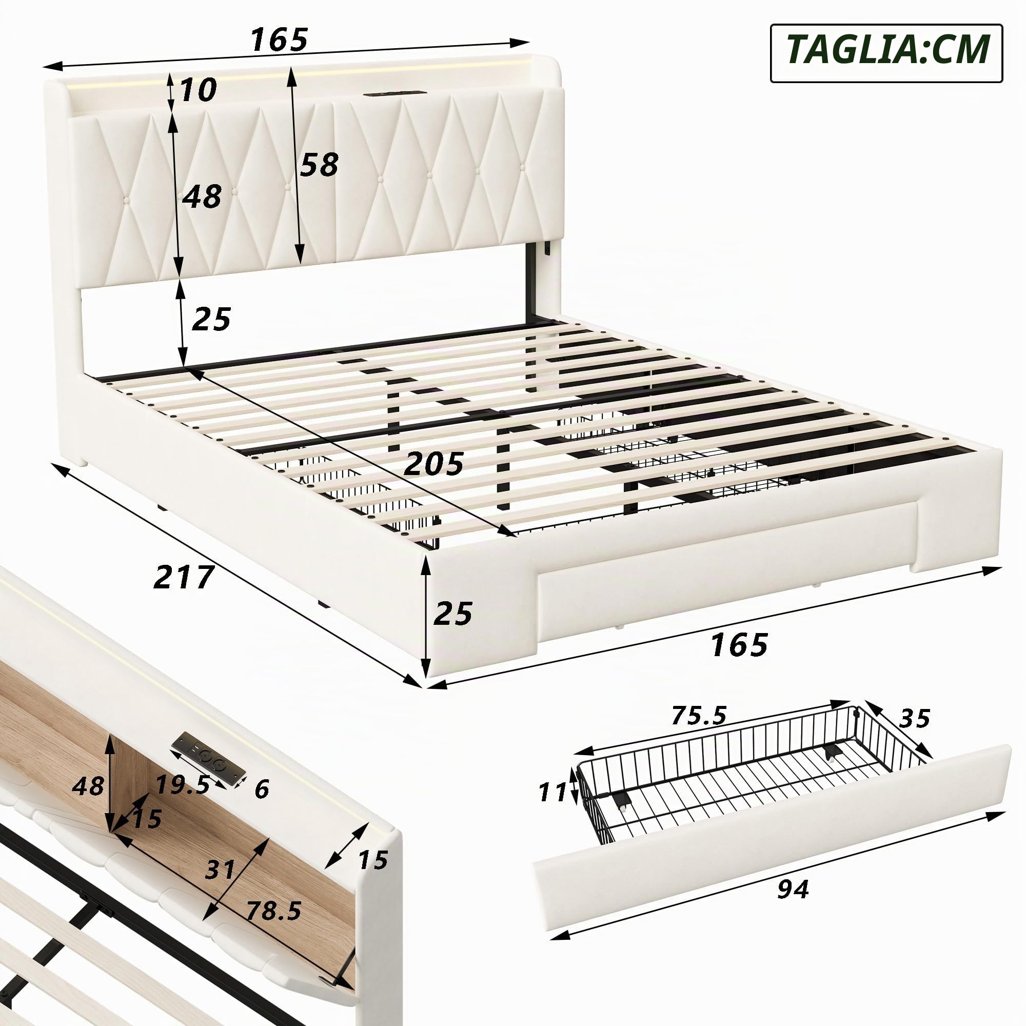 Letto imbottito con 3 cassetti, testiera, letto matrimoniale, 160 x 200 cm, letto matrimoniale funzionale con vano portaoggetti, letto imbottito con rete a doghe (beige + velours-A, 160 x 200