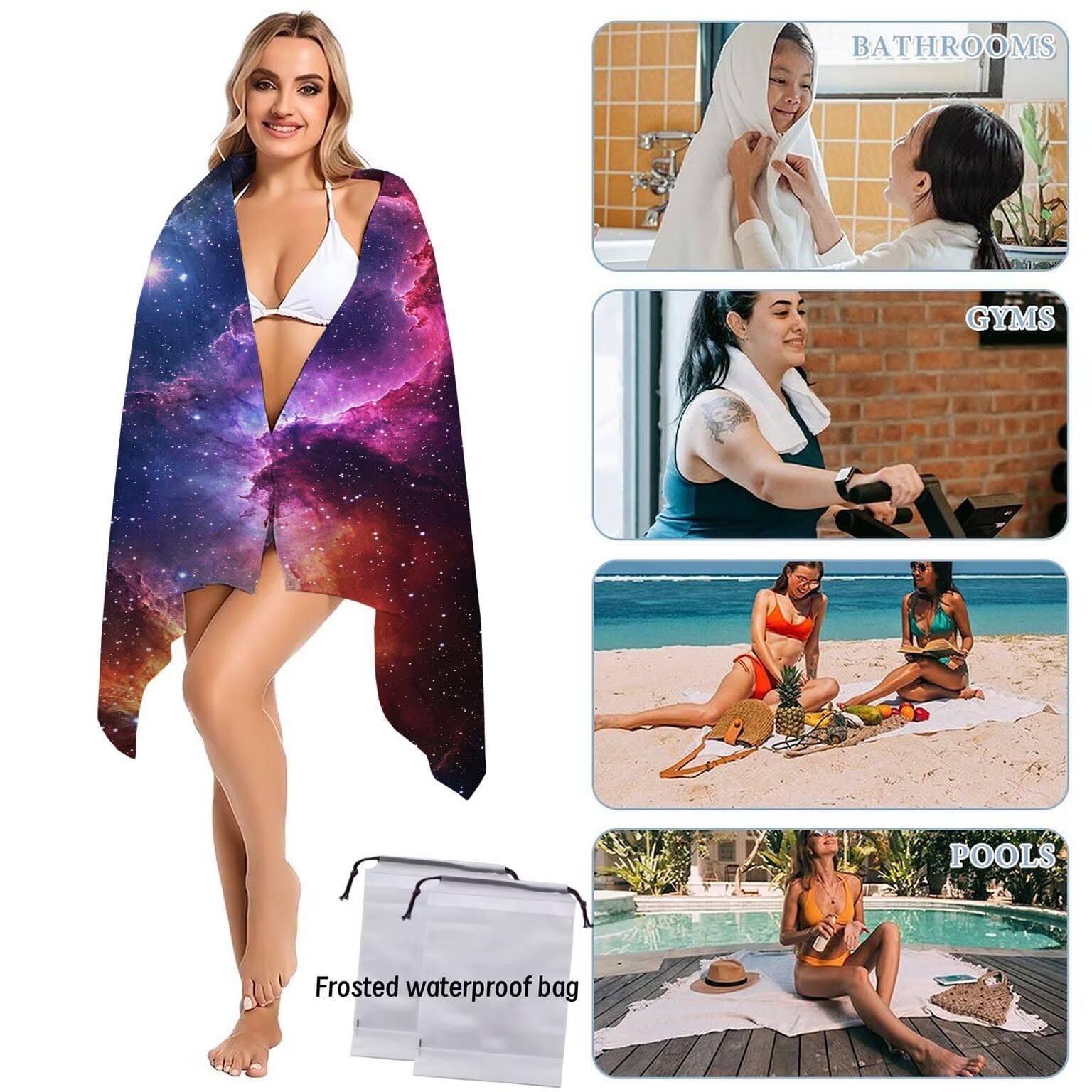 Strandtuch XXL 2er Set 80 x 160 cm, Groß Schnelltrocknendes Mikrofaser Handtuch, Sandfrei Badetuch, Summer Must Haves, für Damen Herren Reise Urlaub Sauna, mit Tasche (Universum Sternenhimmel) B-796