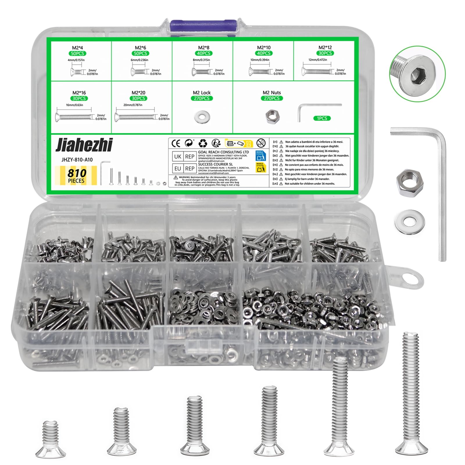 810 Pcs M2 Countersunk Bolts and Nuts Set, Stainless Steel Flat Head Screws, Hex Socket Cap Screws, Washers, Ideal for DIY Projects and Home Improvement