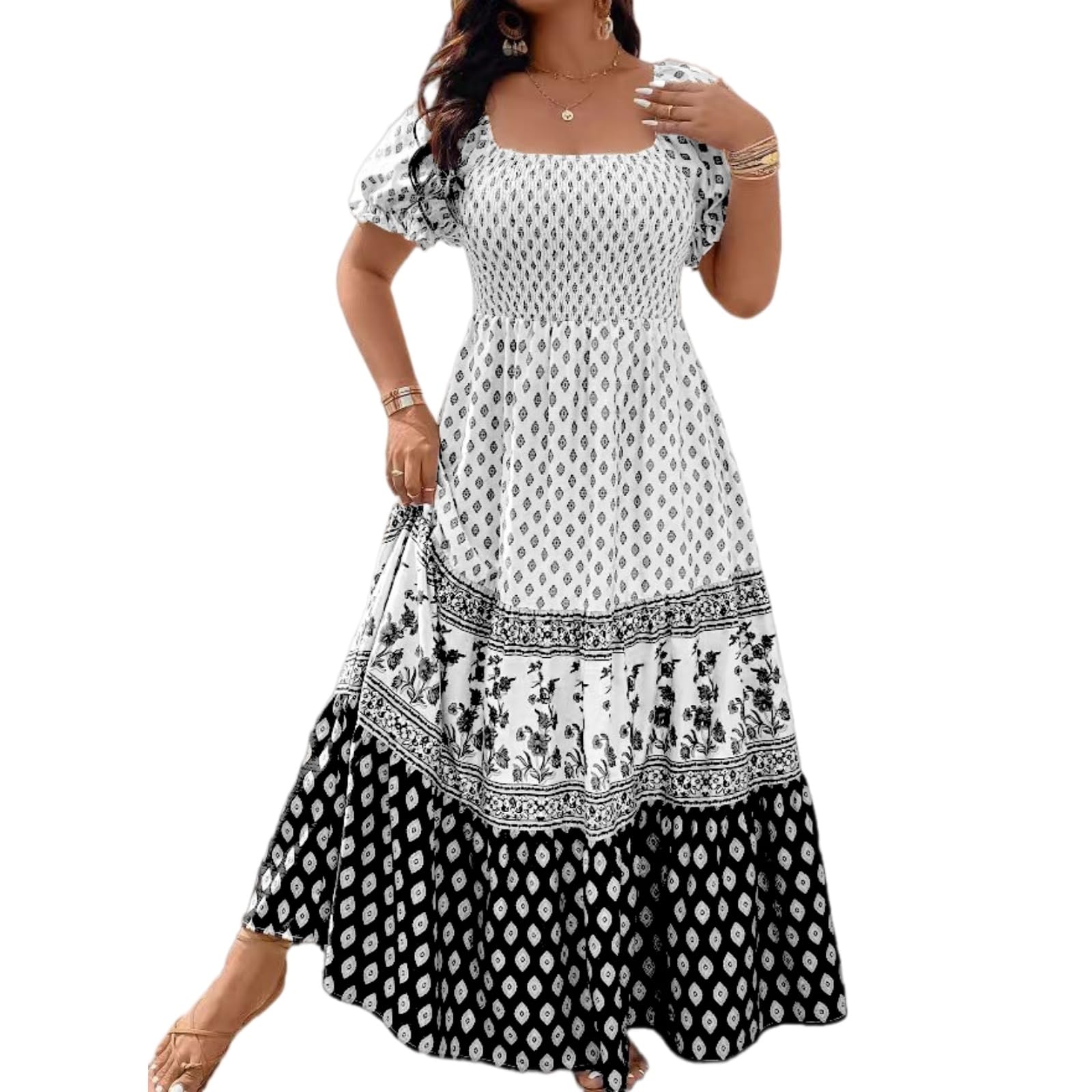 Vestito Donna Bohemian Smoked Dress Floral Stampa Manica Corta Vacanze Estatali Sundress-Black-XXXL-United States
