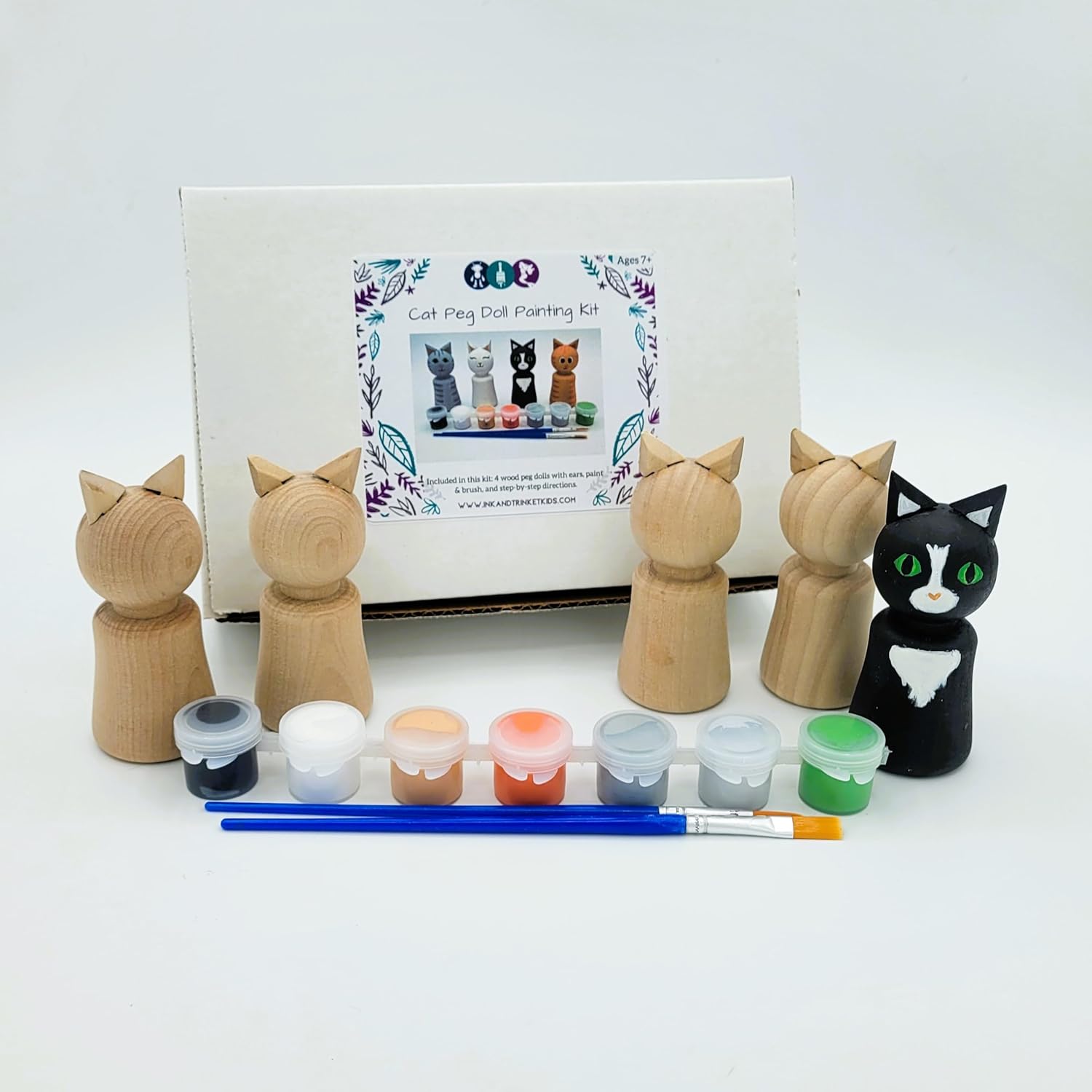 Ink and Trinket Kids DIY Cat Peg Doll Painting Kit, Craft Kit Includes 4 Peg Doll Animals with 6 Unique Designs to Choose from, Gift for Cat Lovers, Boys, and Girls