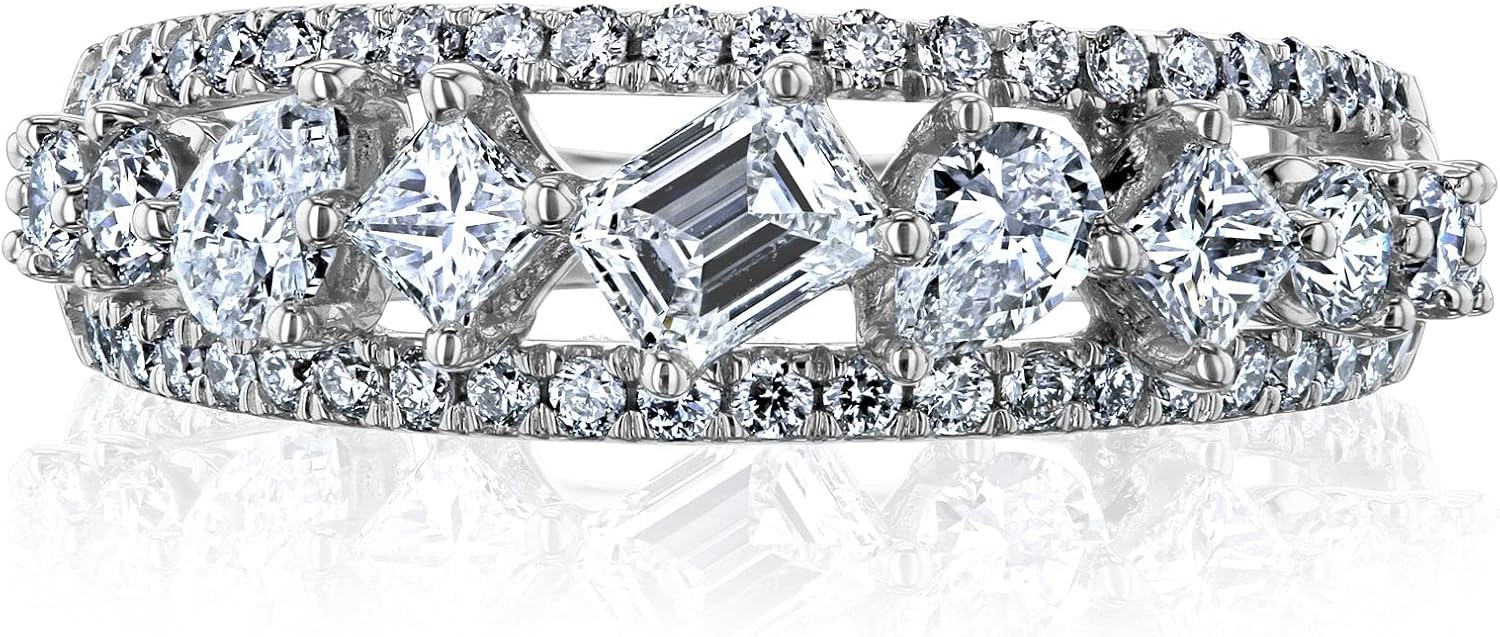Kobelli Mixy Natural Diamond Triple Strand Diagonal Row Ring - Mixed Diamond Shapes Wide Gold Band in 10K