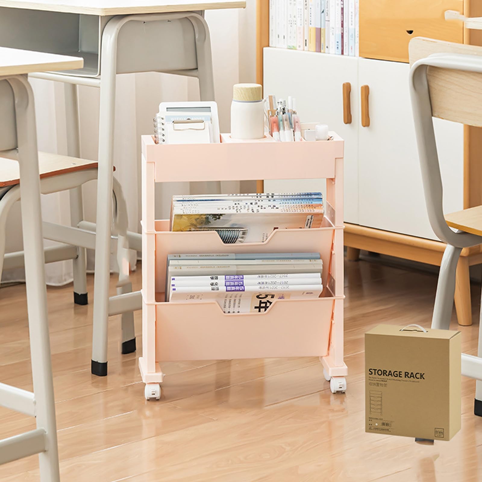 TUOYIBO Mobile Bookshelf, Mobile Bookshelf with Wheels, Mobile Unique Bookcase, Multi-Functional Rolling Utility Cart with Pen Holder, for Office, Dorm, Classroom, Nursery