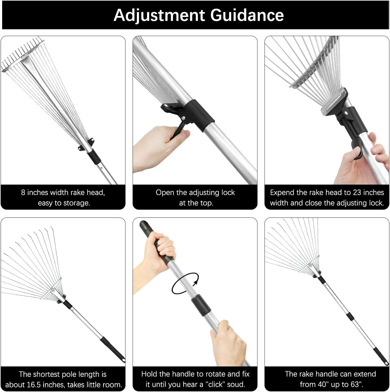 Buyplus Adjustable Garden Leaf Rake - 24 to 63 Inch Telescopic Metal Rake, Expandable Folding Leaves Rake for Lawn Yard, Flowers Beds and Roof