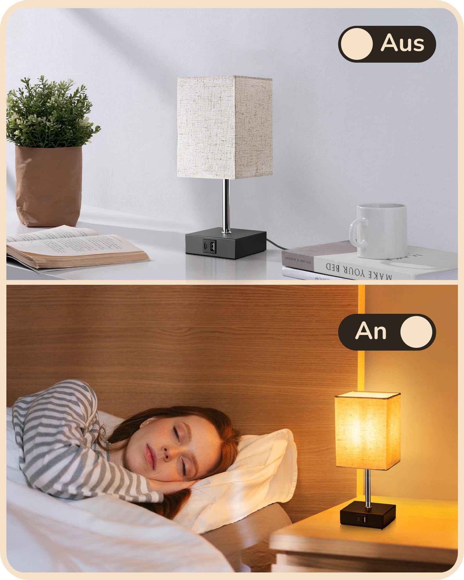 EDISHINE LED Nachttischlampe Touch Dimmbar 2er Set, Tischlampe Modern, Kleine Lampe, mit Ladefunktion, 2 USB Anschlüsse, für Schlafzimmer, Wohnzimmer, Fensterbank, Geschenk, Beige