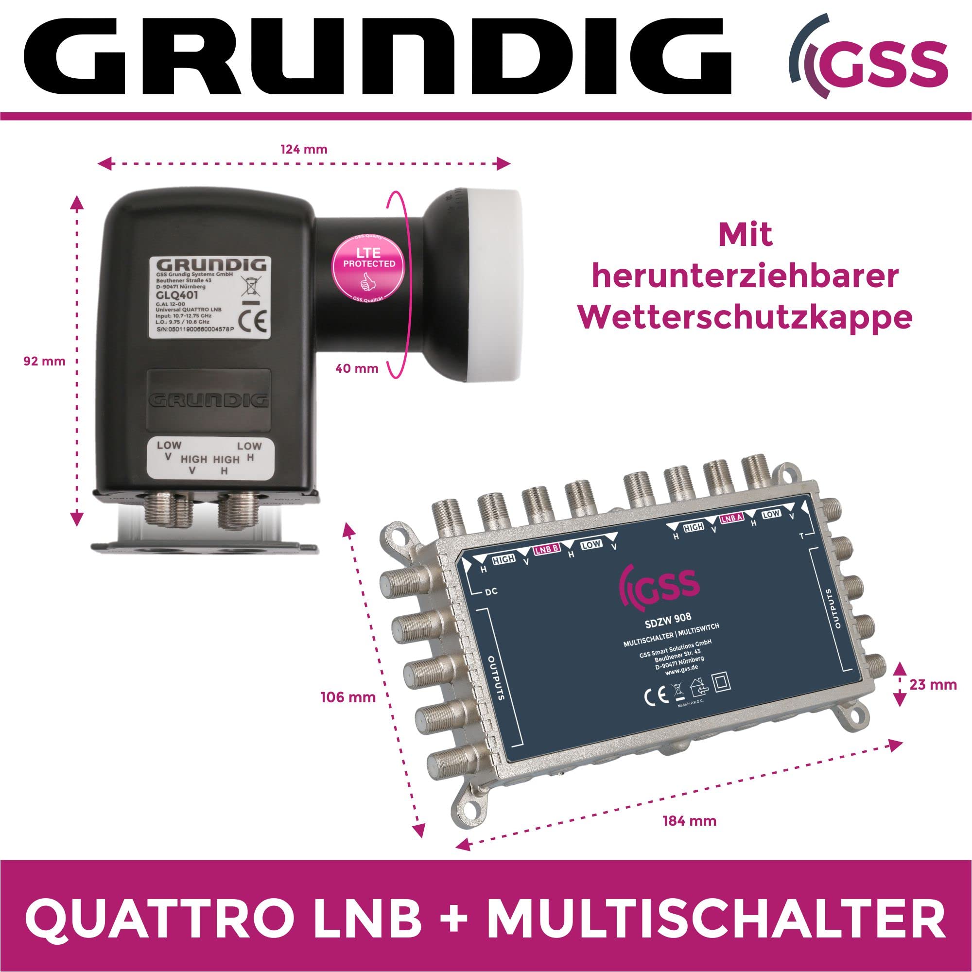 GSS Zestaw 9/8 multiprzełącznik 8 odbiorników 8 satelitów - Matrix, Multiswitch do anteny satelitarnej, Digital HDTV 4K 8K TV, TV, telewizor, instalacja satelitarna, odbiornik - rozdzielacz satelitarny, przełącznik (Zero Watt 908) + LNB