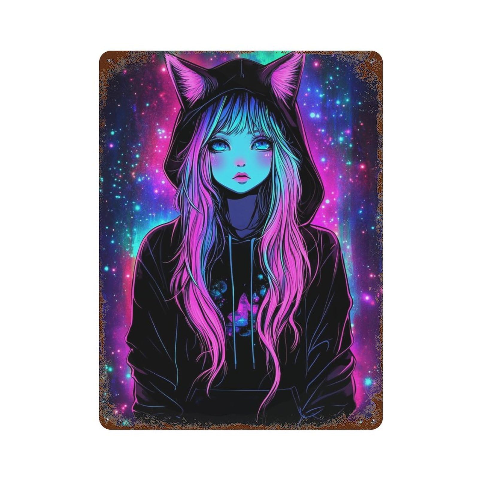 Neon Cat Ear Hoodie for Women Vintage Metal Tin Sign 15.7"x11.8", Novelty Wall Decor for Garage, Pub Or Kitchen