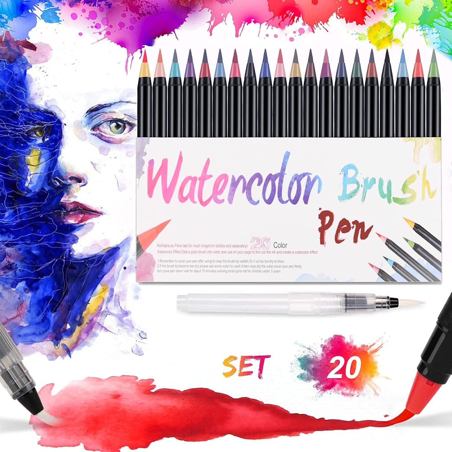 Watercolor Brush Pen with Flexible Real Brush Tips - 20 Colorful Soft Painting Pen- Nontoxic Watercolor Markers Water Based Ink Pen Set, Brush Pens for Kids Adult Artists Beginner Painters