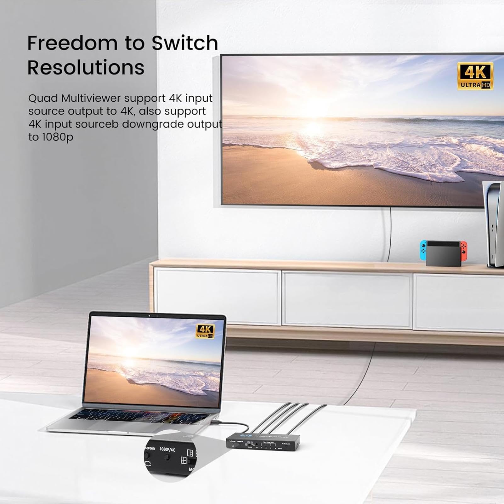 Splitter TV, di visualizzazione multipla | Adattatore multidisplay 4K 4 in 1 per home theater, videogiochi, streaming live e sicuro