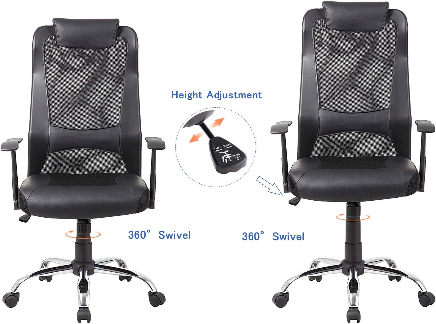 LCH Mesh Office Chair High-Back PU Leather Home Computer Desk Chair Executive Ergonomic Swivel Chair Padded Headrest Lumbar Support Adjustable Arms(Black)