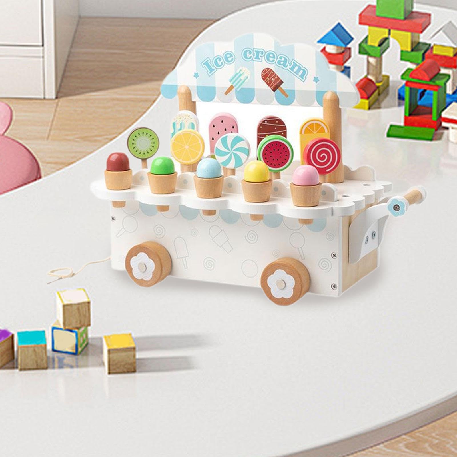 Juego de Helados de Madera, Juguetes de Madera, Accesorios de Cocina, Juego de Juguetes de Comida, Juguete de para Niños Y Niñas, Regalos Navid, Blanco