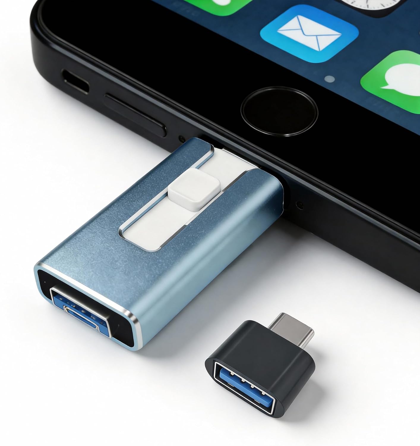 Flash Drive for Phone 256GB, 4 in 1 Photo Stick with Stable Chip, External Storage Compatible with Phone pad Pro Air, Android (OTG), Mac PC, Memory Stick for Photos Docs Backup（Blue）