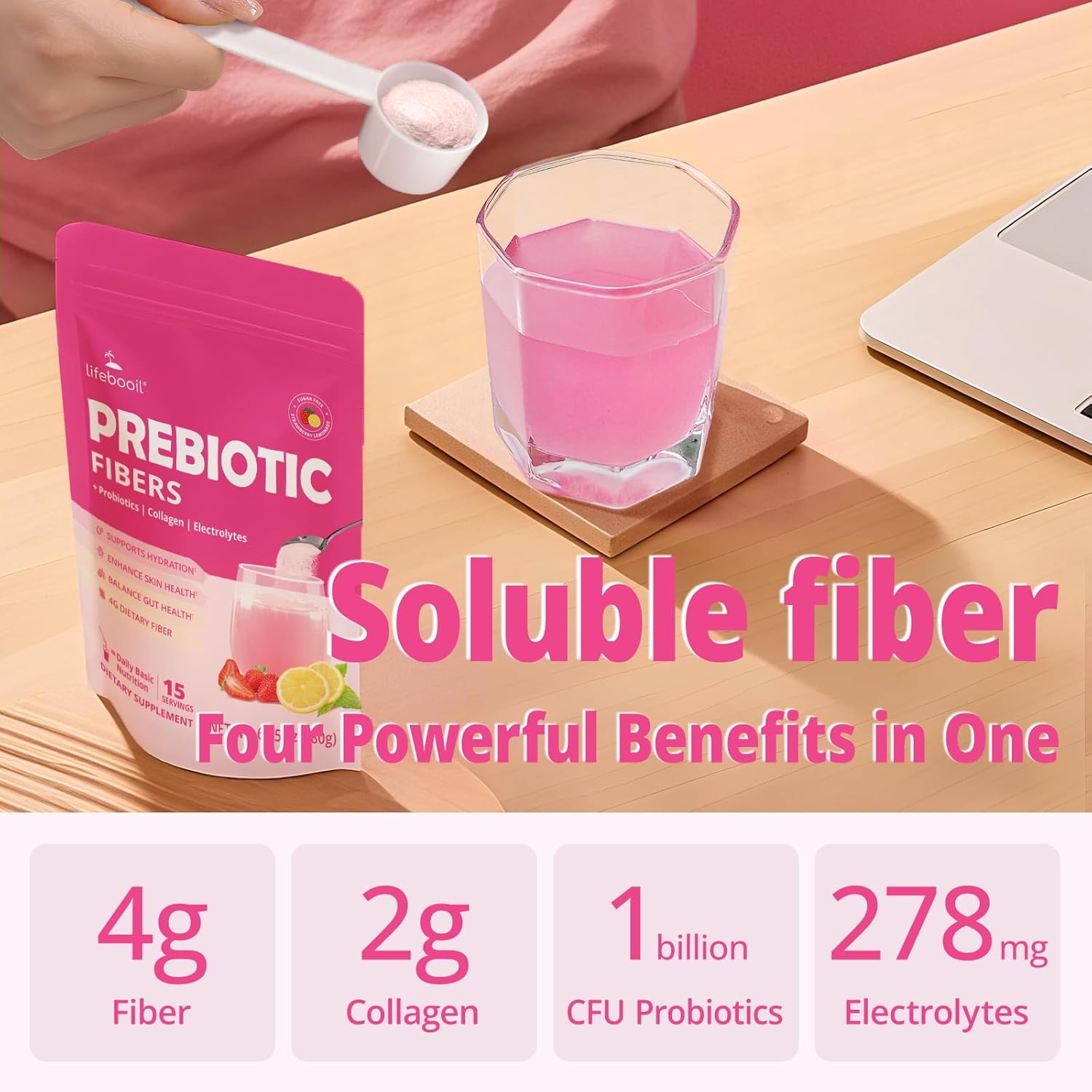 Daily Fiber Supplement for Women&Men, Fiber Powder with Probiotics, Collagen & Electrolytes- Supports Digestive & Gut Health, Bloating Relief | Sugar Free, Vegan, Strawberry Lemon Flavor, 15 Servings - Image 3
