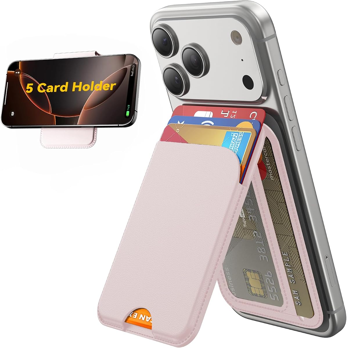 TWZKG para MagSafe Wallet, soporte para 5 tarjetas con soporte, soporte magnético para billetera de teléfono para iPhone 17/16/15/14/13/12 Pro Max Air Plus Series, cuero vegano con bloqueo RFID, rosa